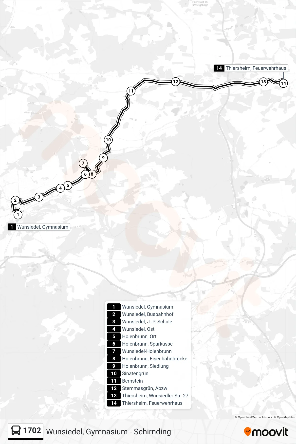Linie 1702 (Bus) Richtung Thiersheim: Route und Haltestellen auf der Karte