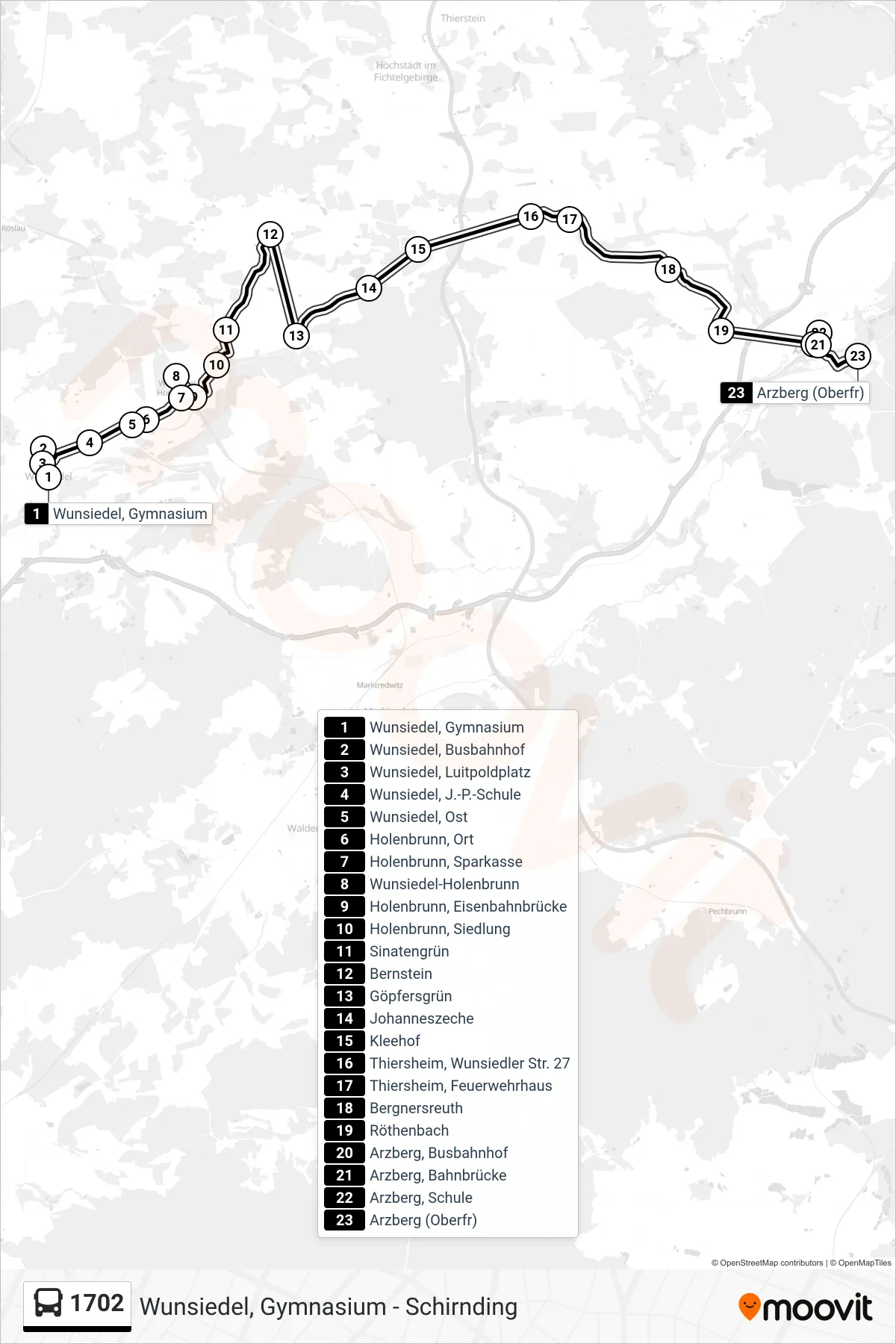 1702 bus Line (Arzberg) route and stops on a map