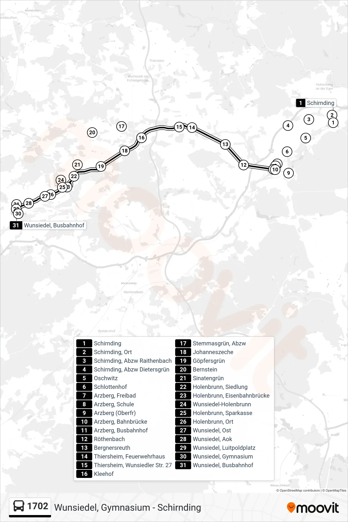 Linie 1702 (Bus) Richtung Wunsiedel: Route und Haltestellen auf der Karte