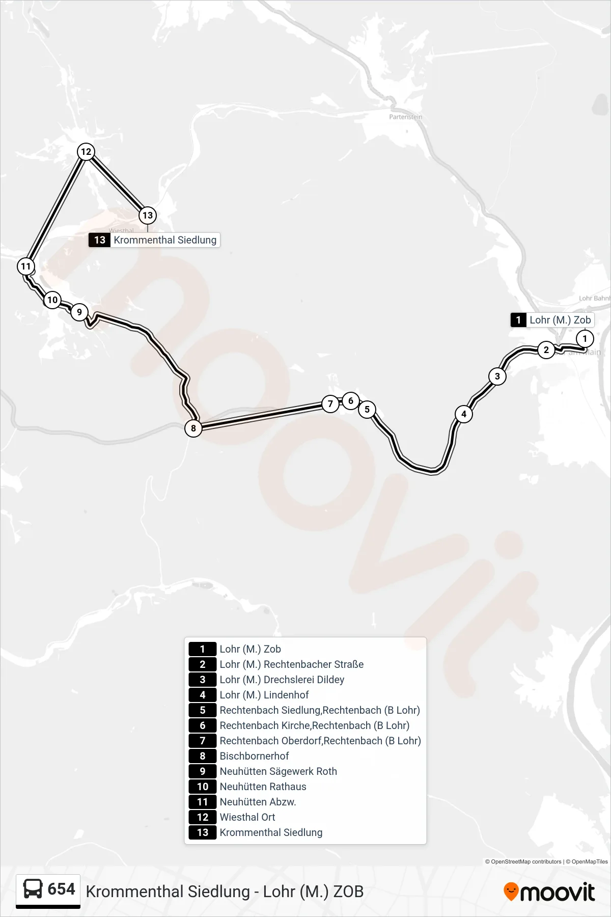 654 bus Line (Krommenthal Siedlung) route and stops on a map