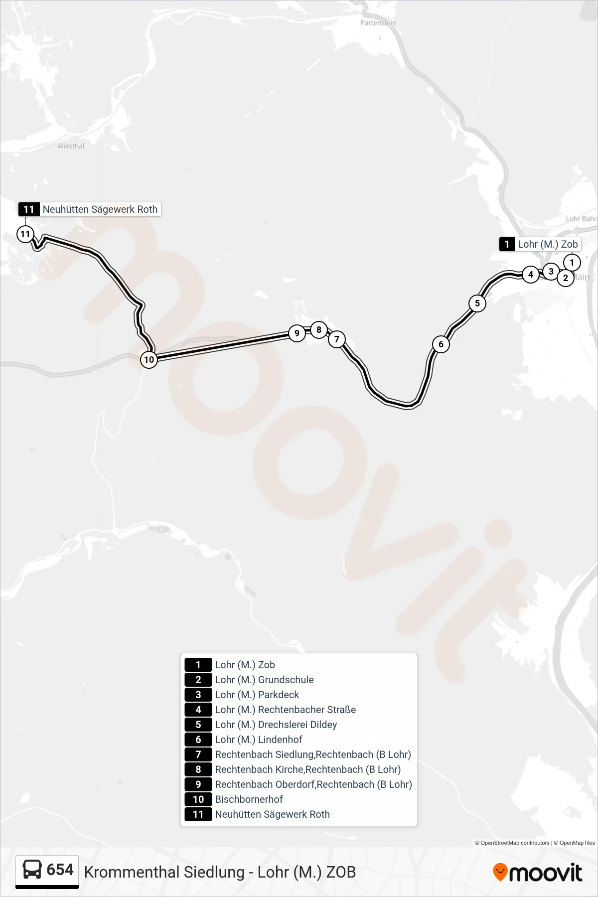 654 bus Line (Neuhütten) route and stops on a map