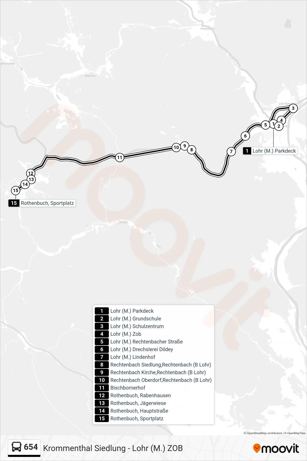 654 bus Line (Rothenbuch) route and stops on a map