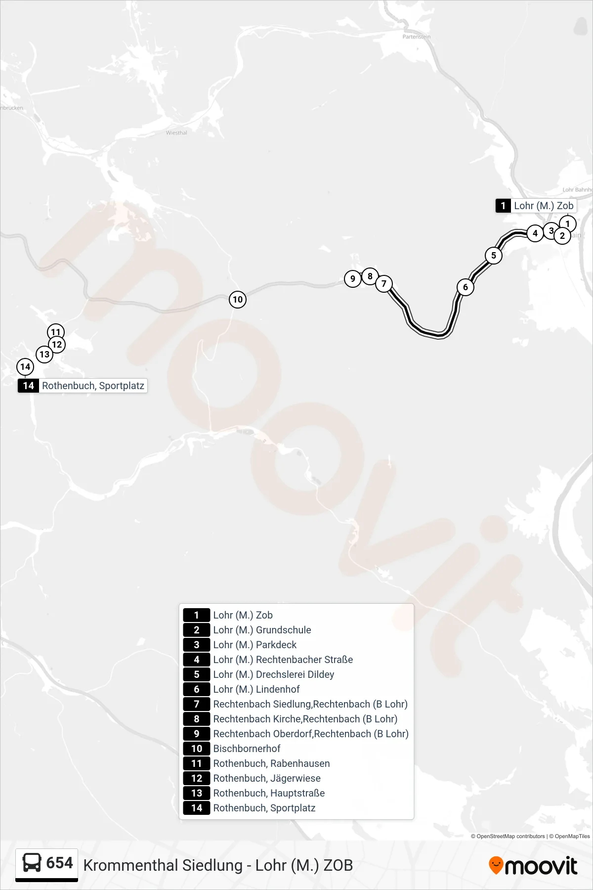 Linie 654 (Bus) Richtung Rechtenbach: Route und Haltestellen auf der Karte