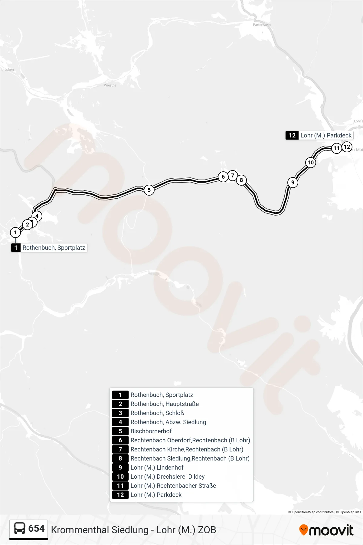 654 bus Line (Lohr Parkdeck) route and stops on a map