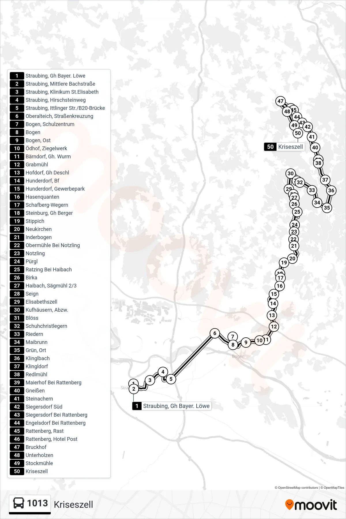 1013 bus Line (Kriseszell) route and stops on a map