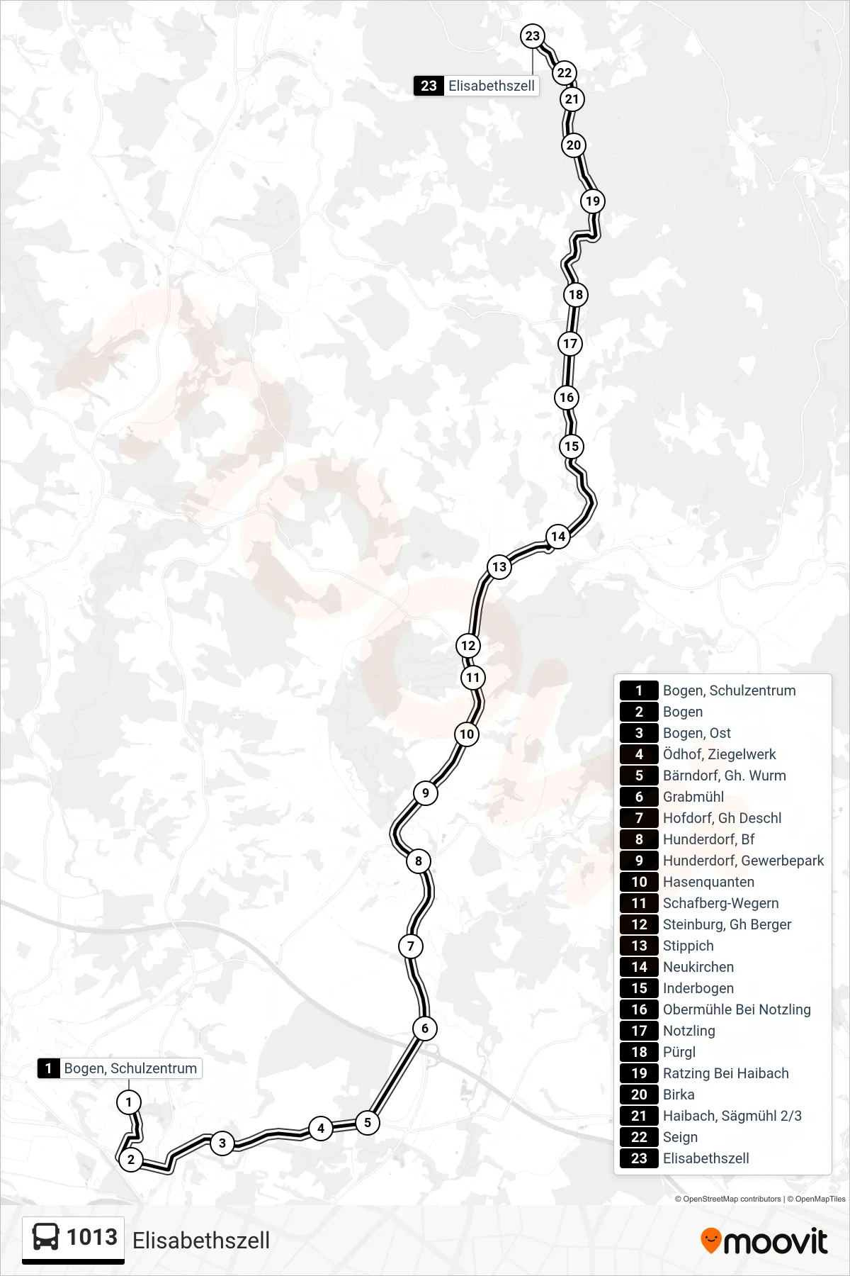 1013 bus Line (Elisabethszell) route and stops on a map