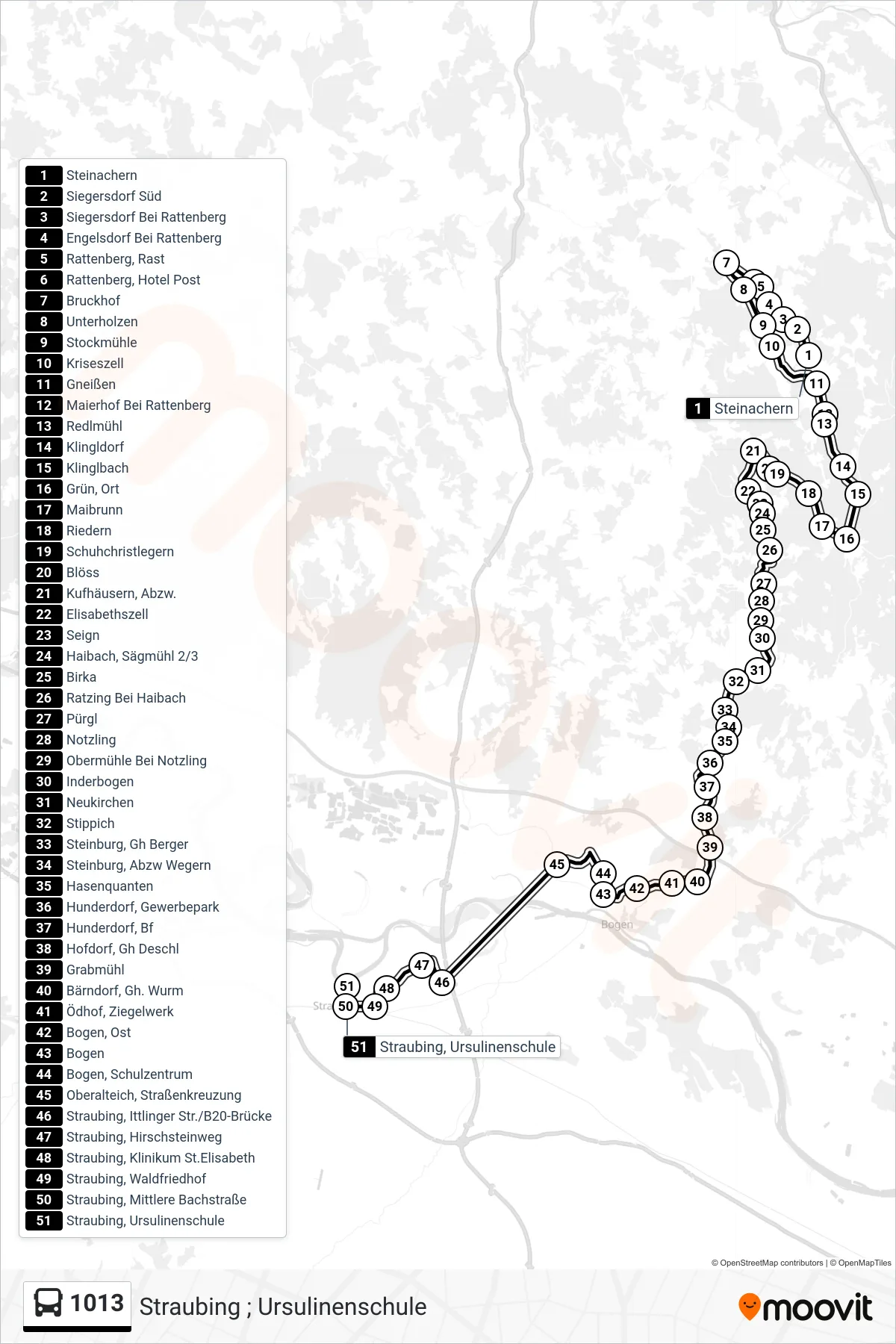 Linie 1013 (Bus) Richtung Straubing ; Ursulinenschule: Route und Haltestellen auf der Karte