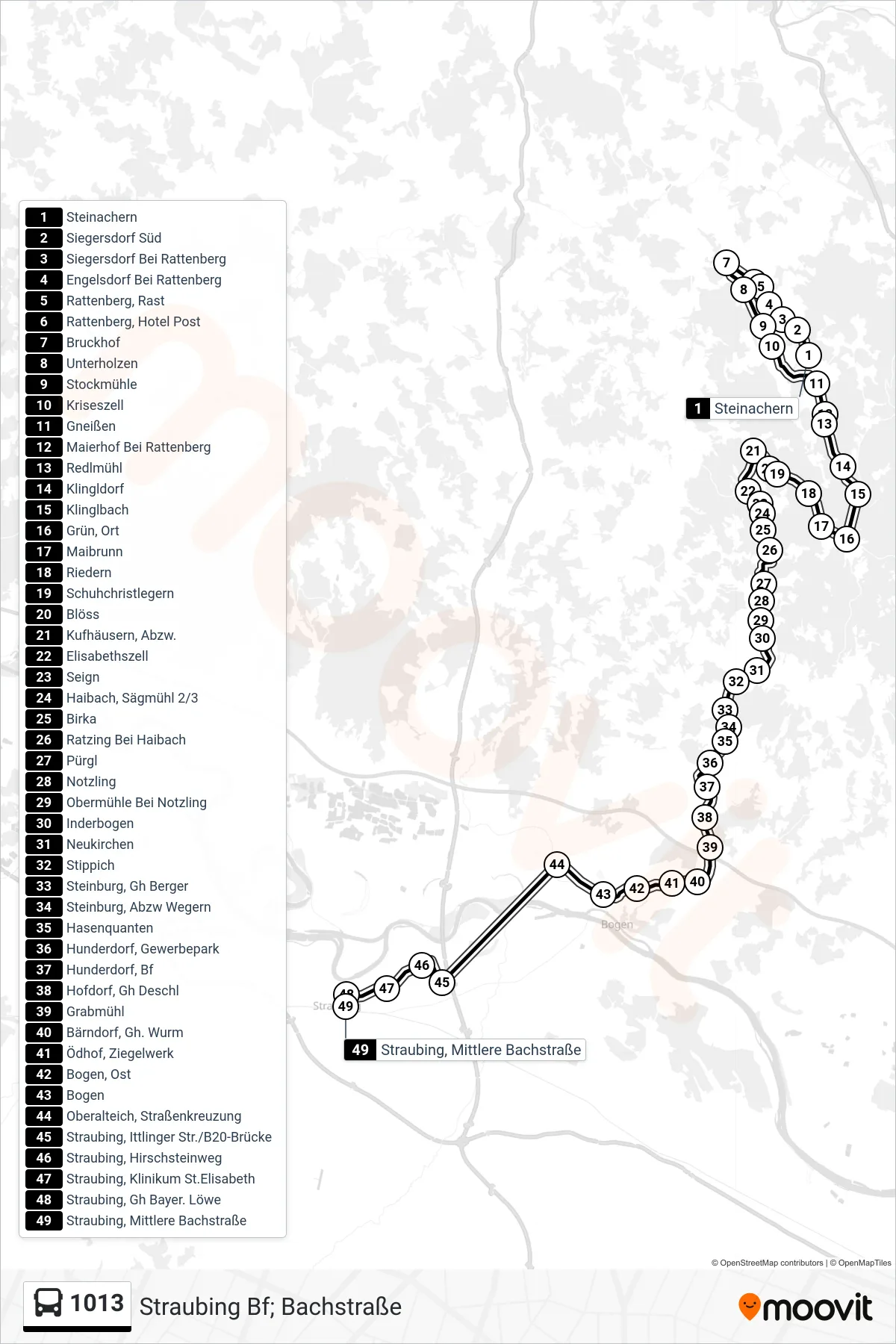 1013 bus Line (Straubing Bf; Bachstraße) route and stops on a map
