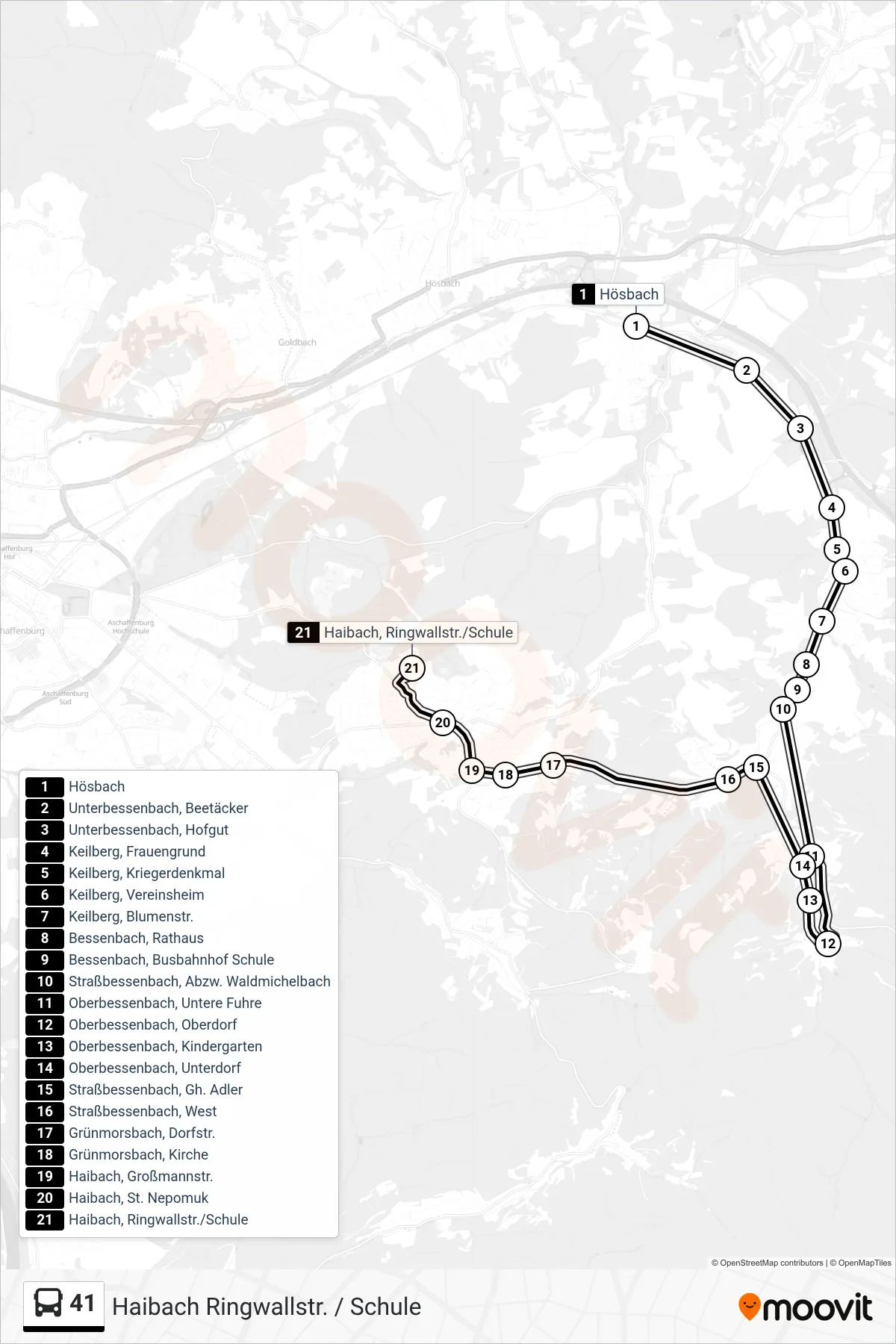 Linie 41 (Bus) Richtung Haibach Ringwallstr. / Schule: Route und Haltestellen auf der Karte