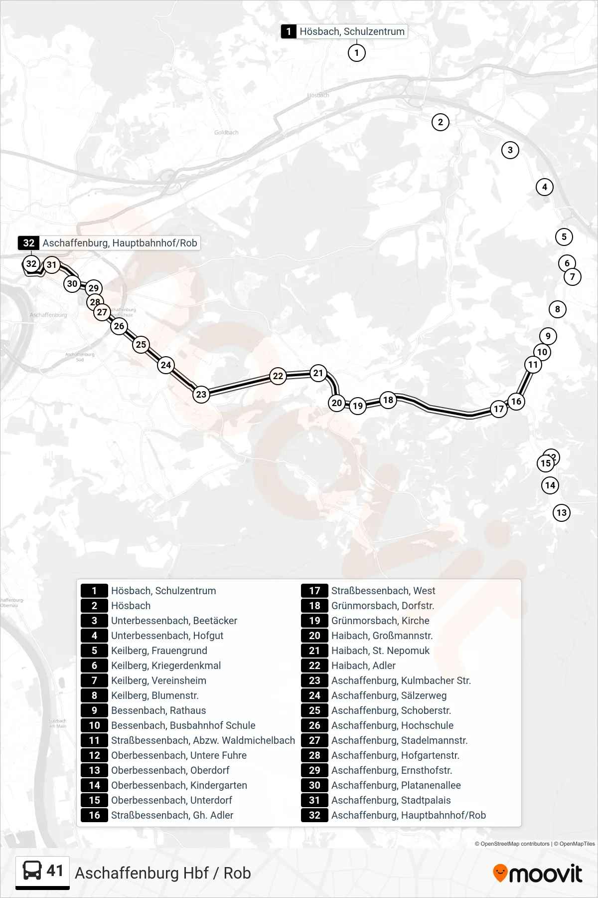 41 bus Line (Aschaffenburg Hbf / Rob) route and stops on a map