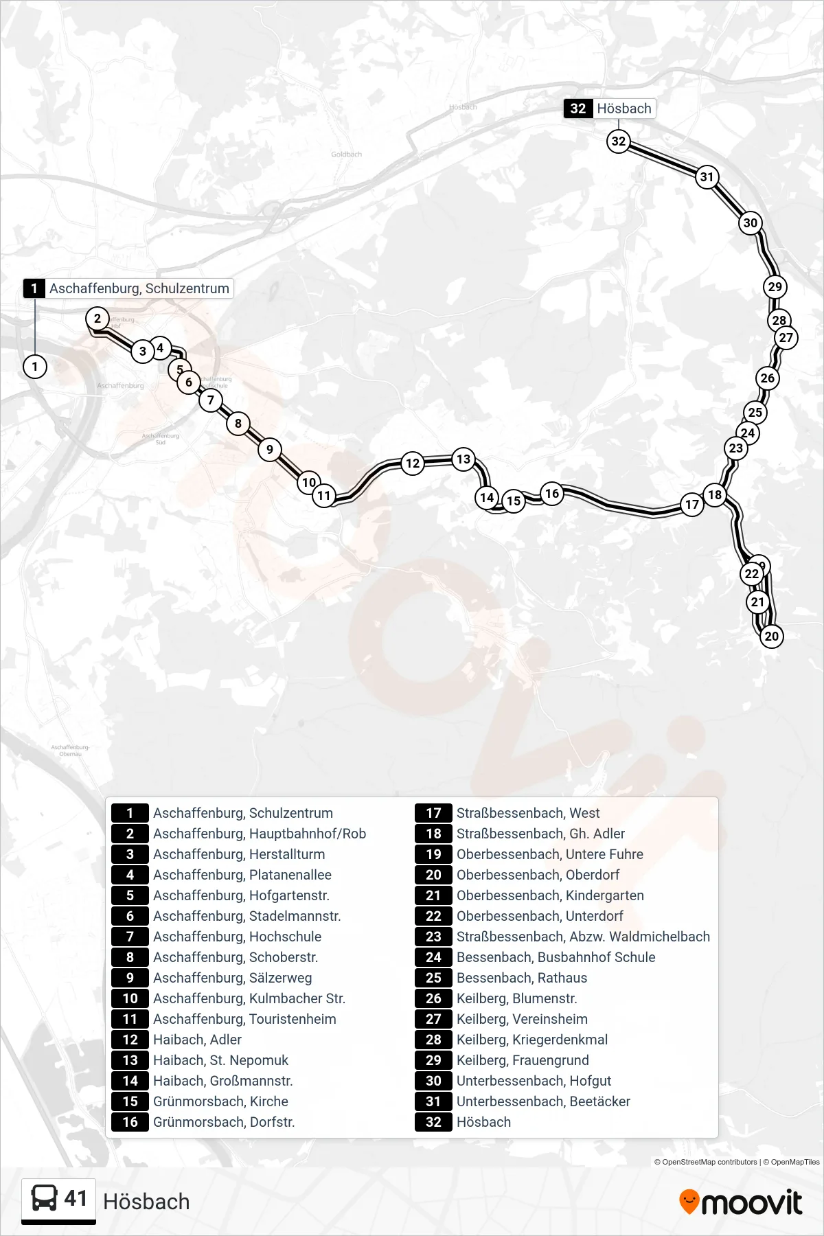 41 bus Line (Hösbach) route and stops on a map