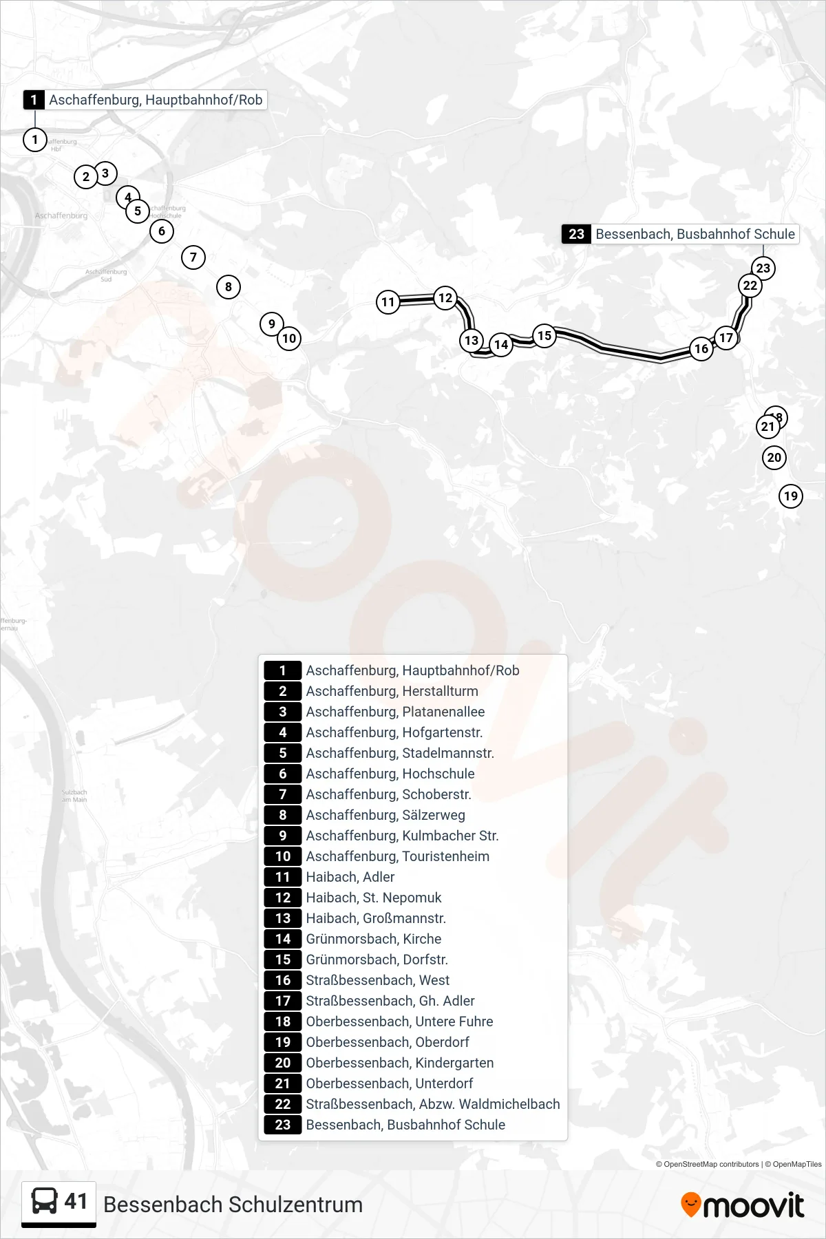 41 bus Line (Bessenbach Schulzentrum) route and stops on a map