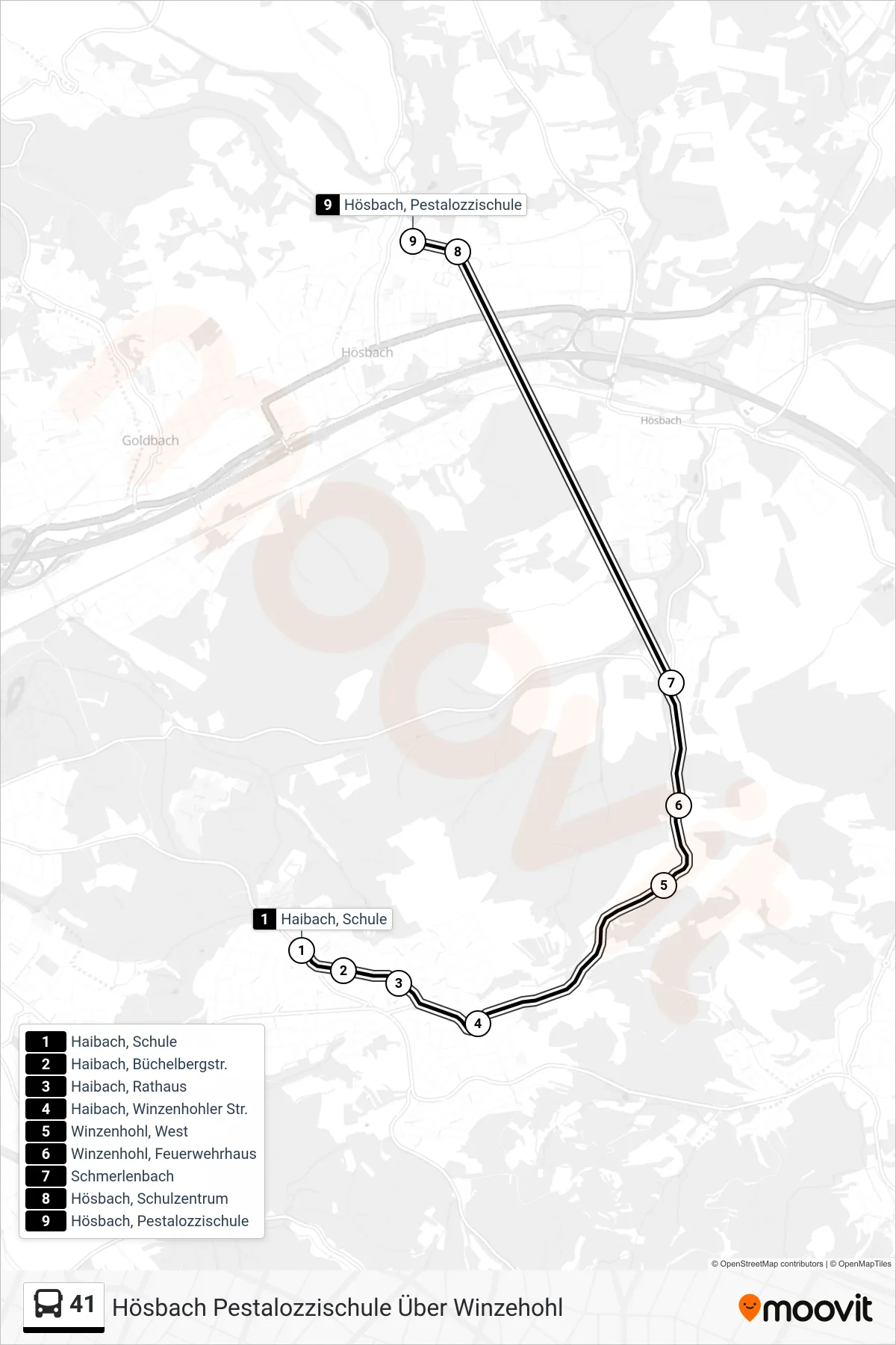 41 bus Line (Hösbach Pestalozzischule Über Winzehohl) route and stops on a map
