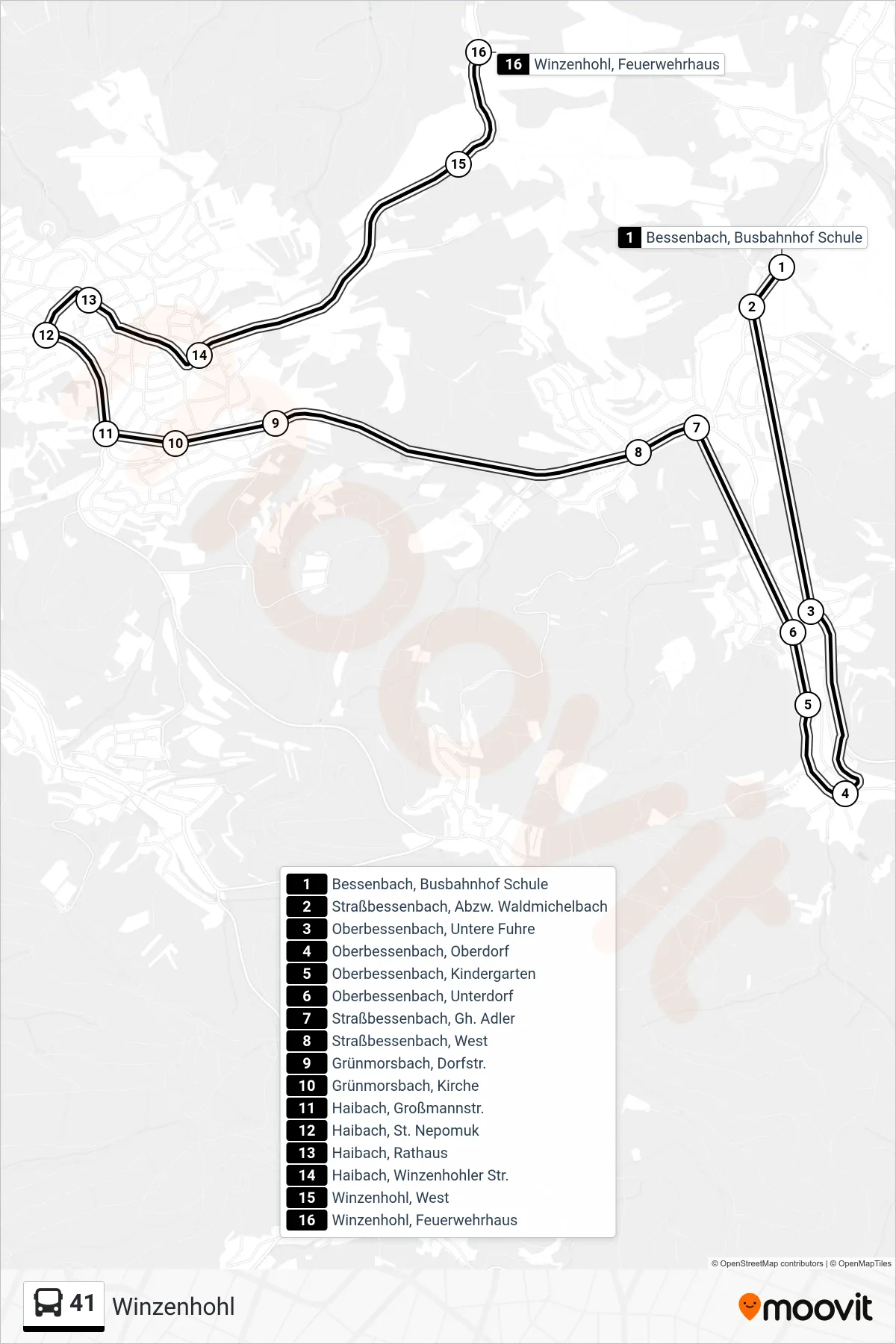 41 bus Line (Winzenhohl) route and stops on a map