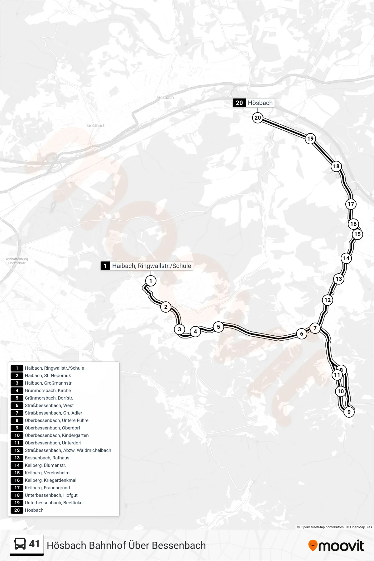 41 bus Line (Hösbach Bahnhof Über Bessenbach) route and stops on a map