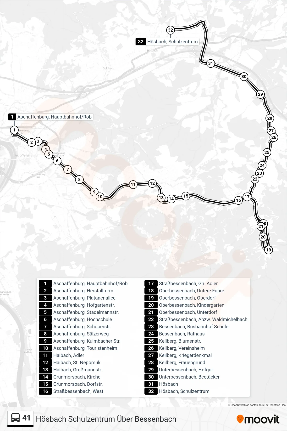 41 bus Line (Hösbach Schulzentrum Über Bessenbach) route and stops on a map