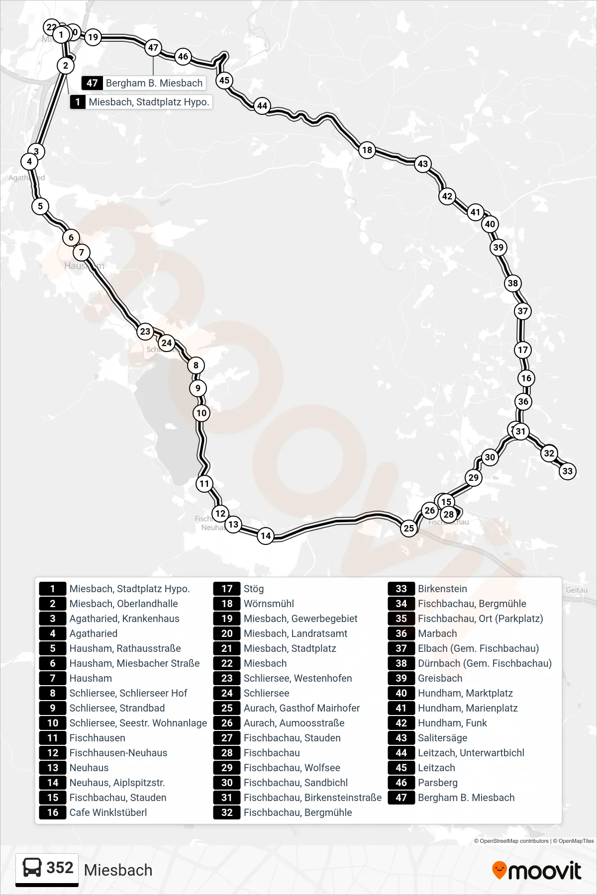 352 bus Line (Miesbach) route and stops on a map