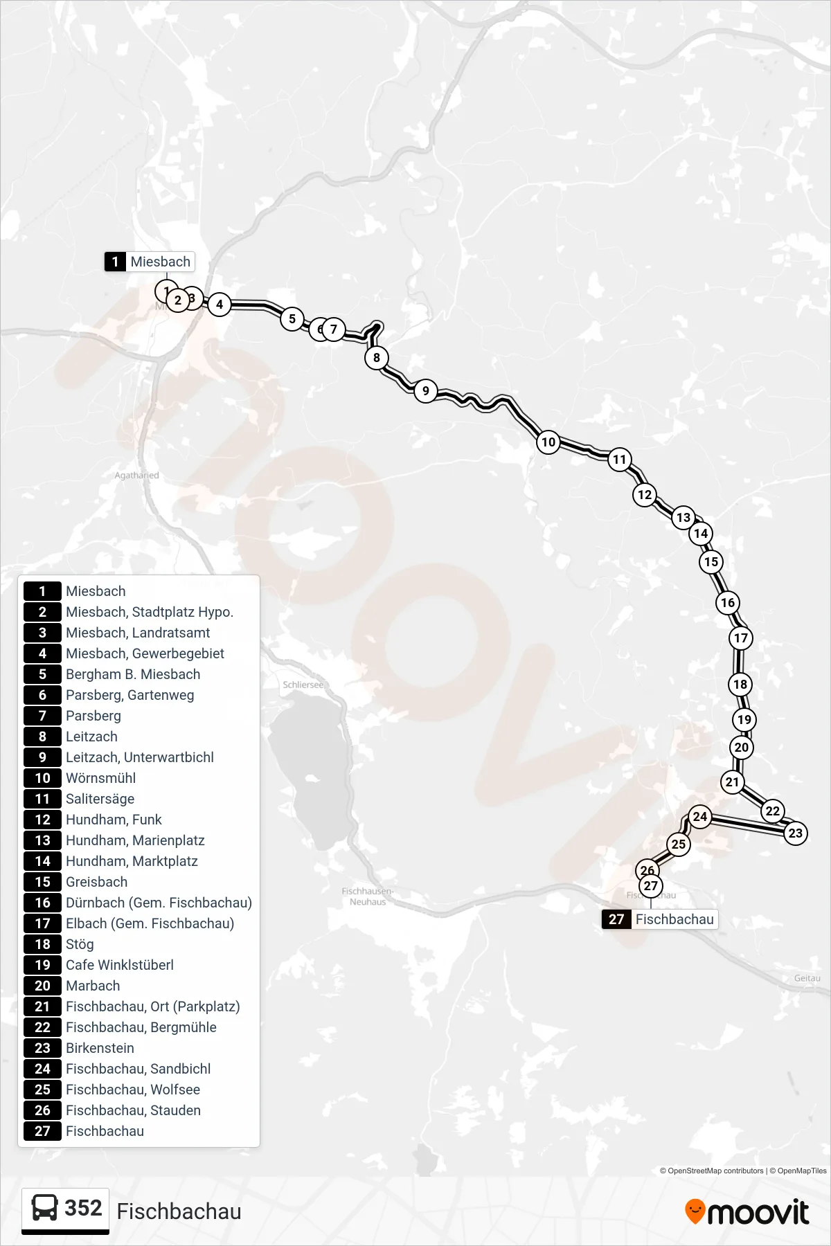 352 bus Line (Fischbachau) route and stops on a map