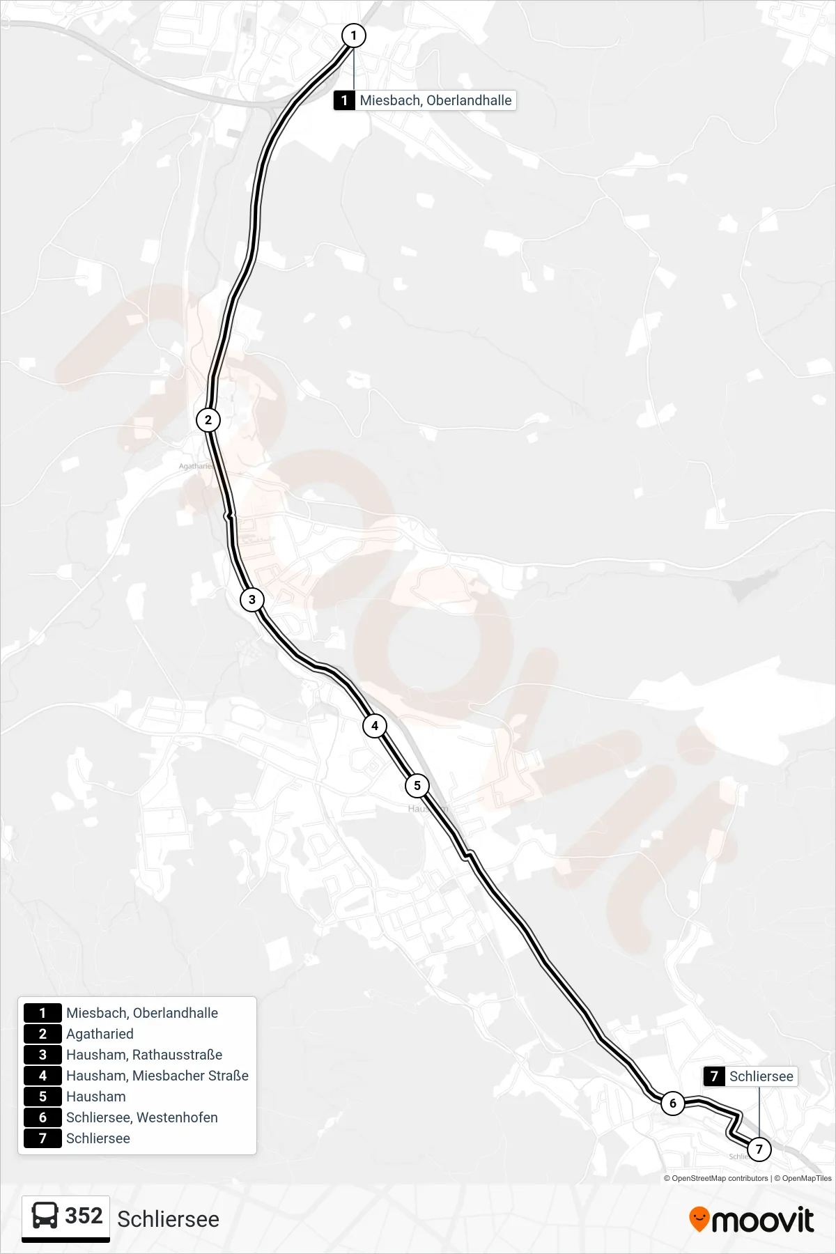 352 bus Line (Schliersee) route and stops on a map