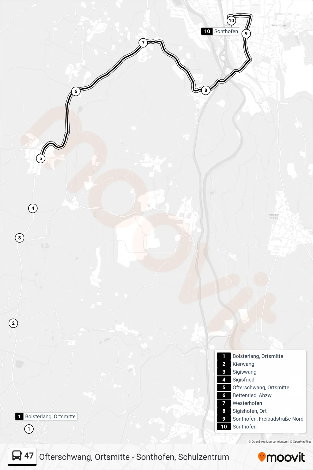 47 bus Line (Sonthofen) route and stops on a map