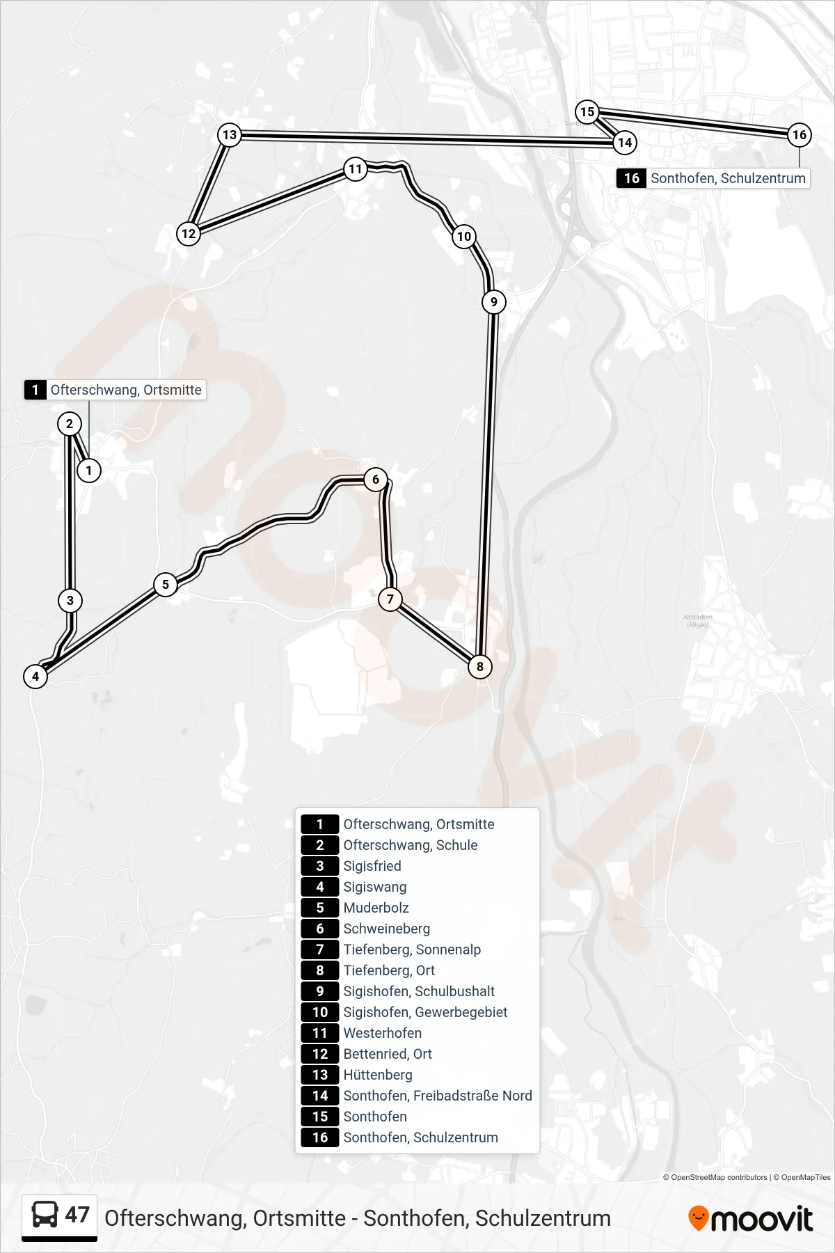 47 bus Line (Sonthofen, Schulzentrum) route and stops on a map