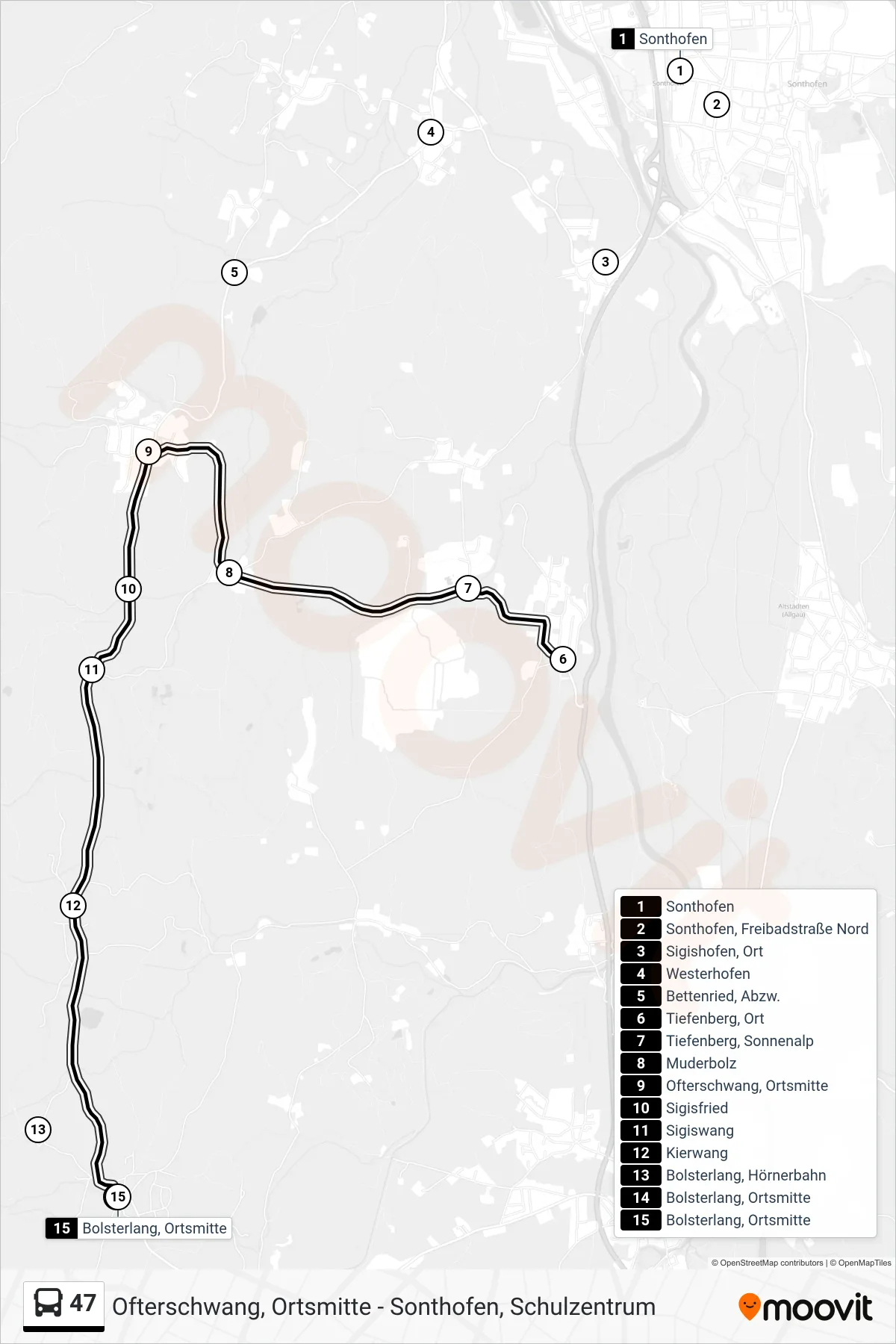 47 bus Line (Bolsterlang, Ortsmitte) route and stops on a map