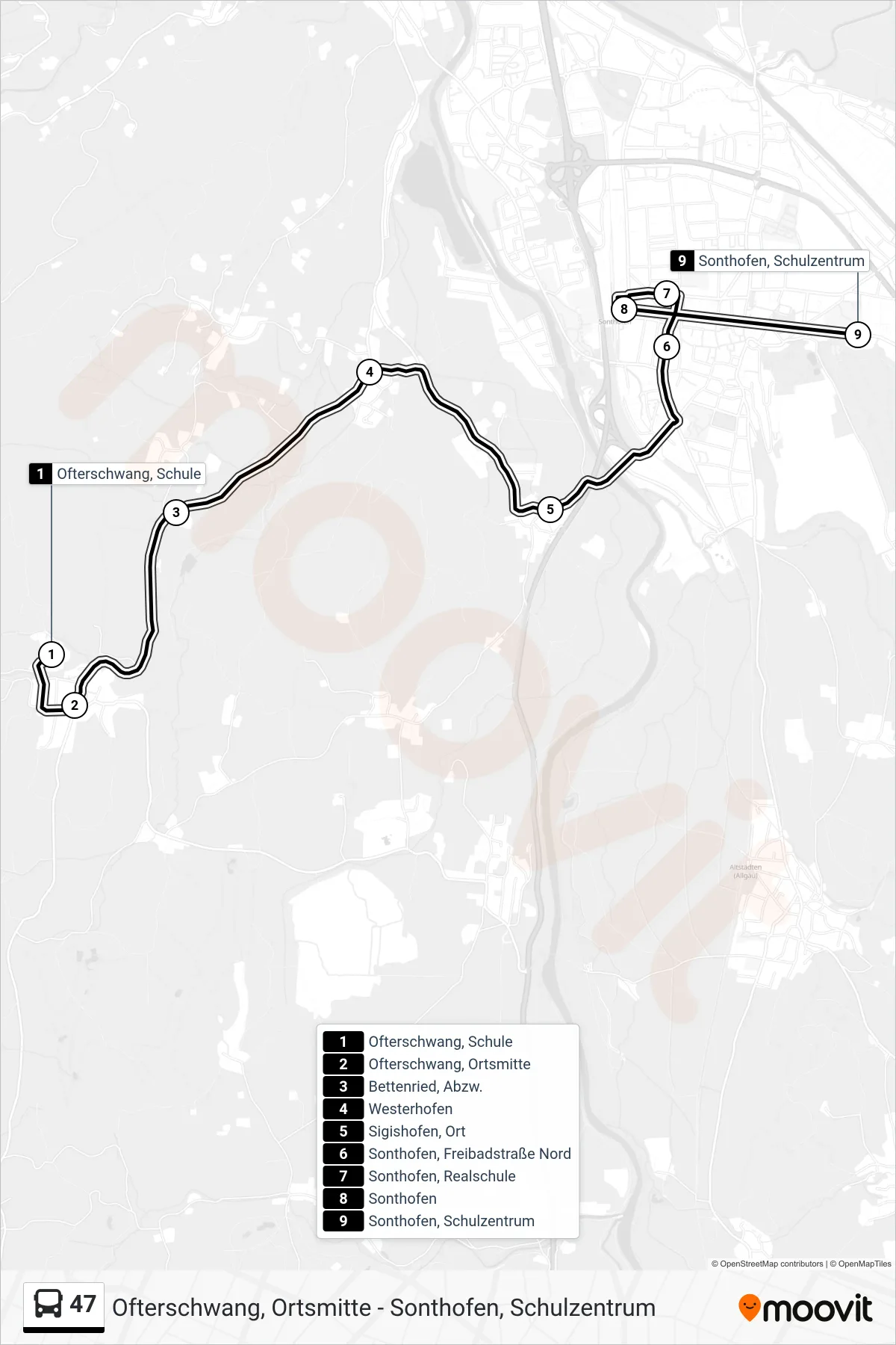 47 bus Line (Sonthofen, Schulzentrum) route and stops on a map