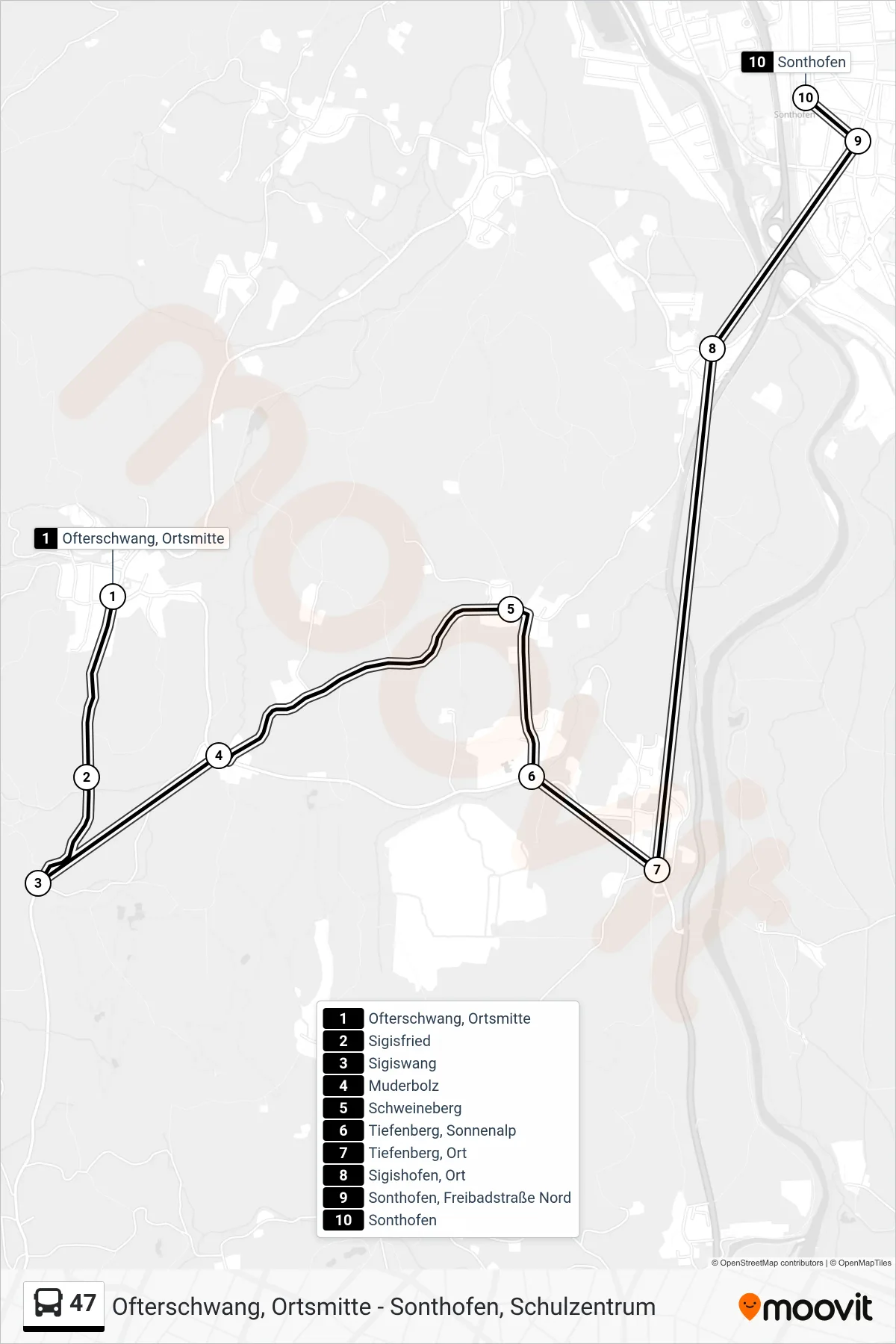 47 bus Line (Sonthofen) route and stops on a map