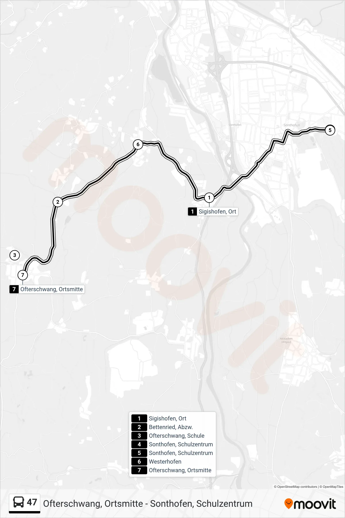 47 bus Line (Schulbus Ofterschwang) route and stops on a map
