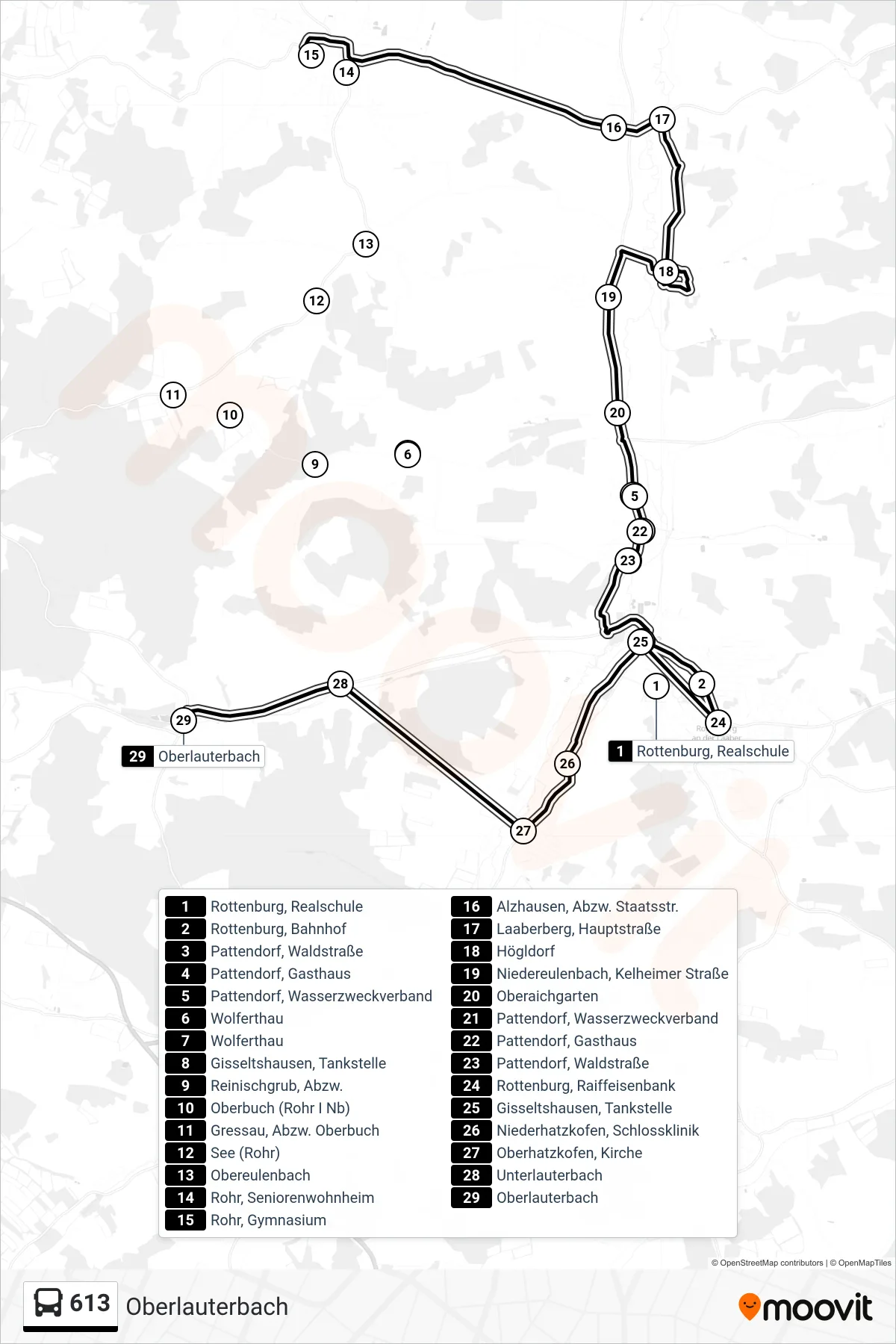 613 bus Line (Oberlauterbach) route and stops on a map