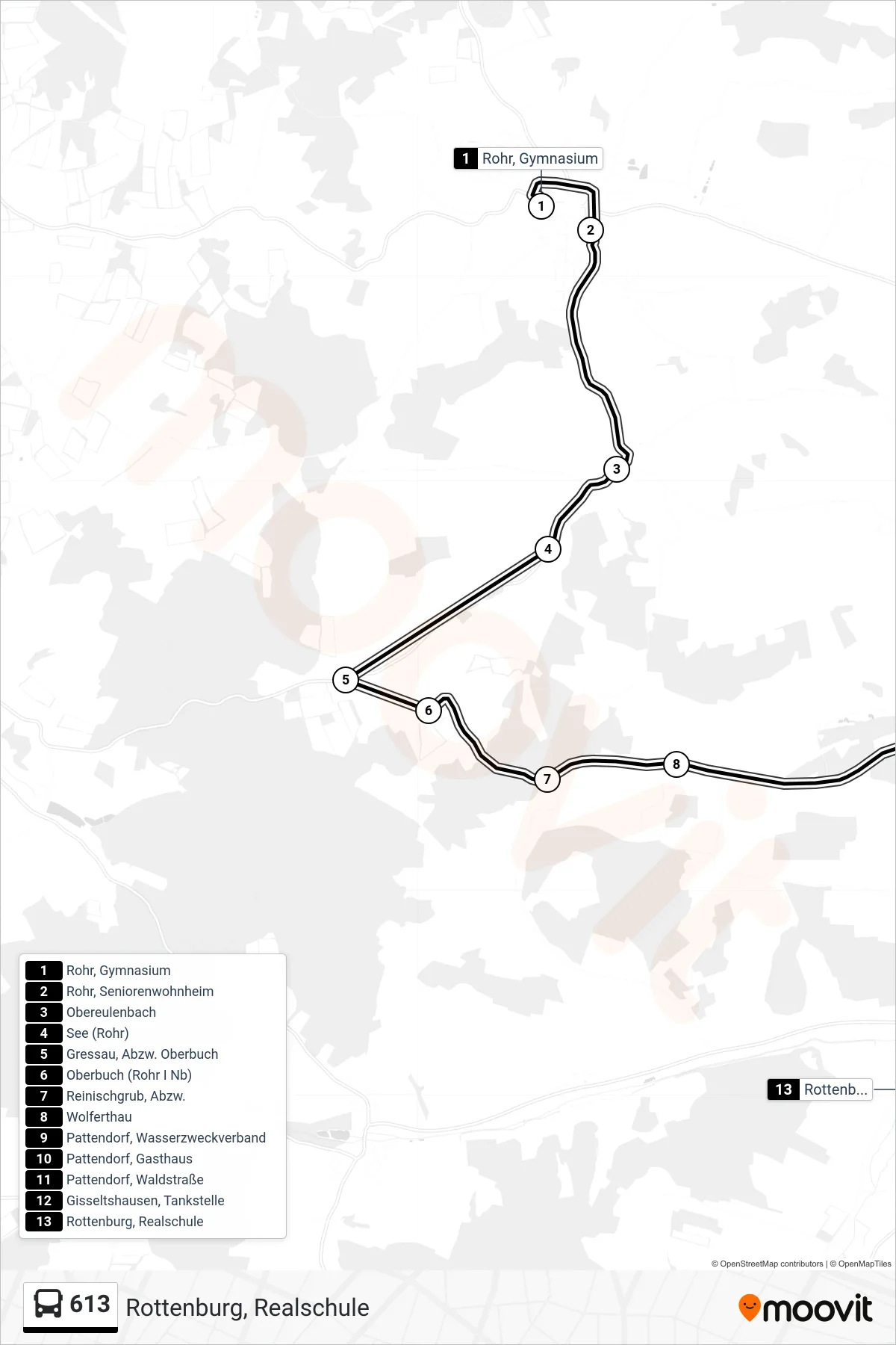 Linie 613 (Bus) Richtung Rottenburg, Realschule: Route und Haltestellen auf der Karte