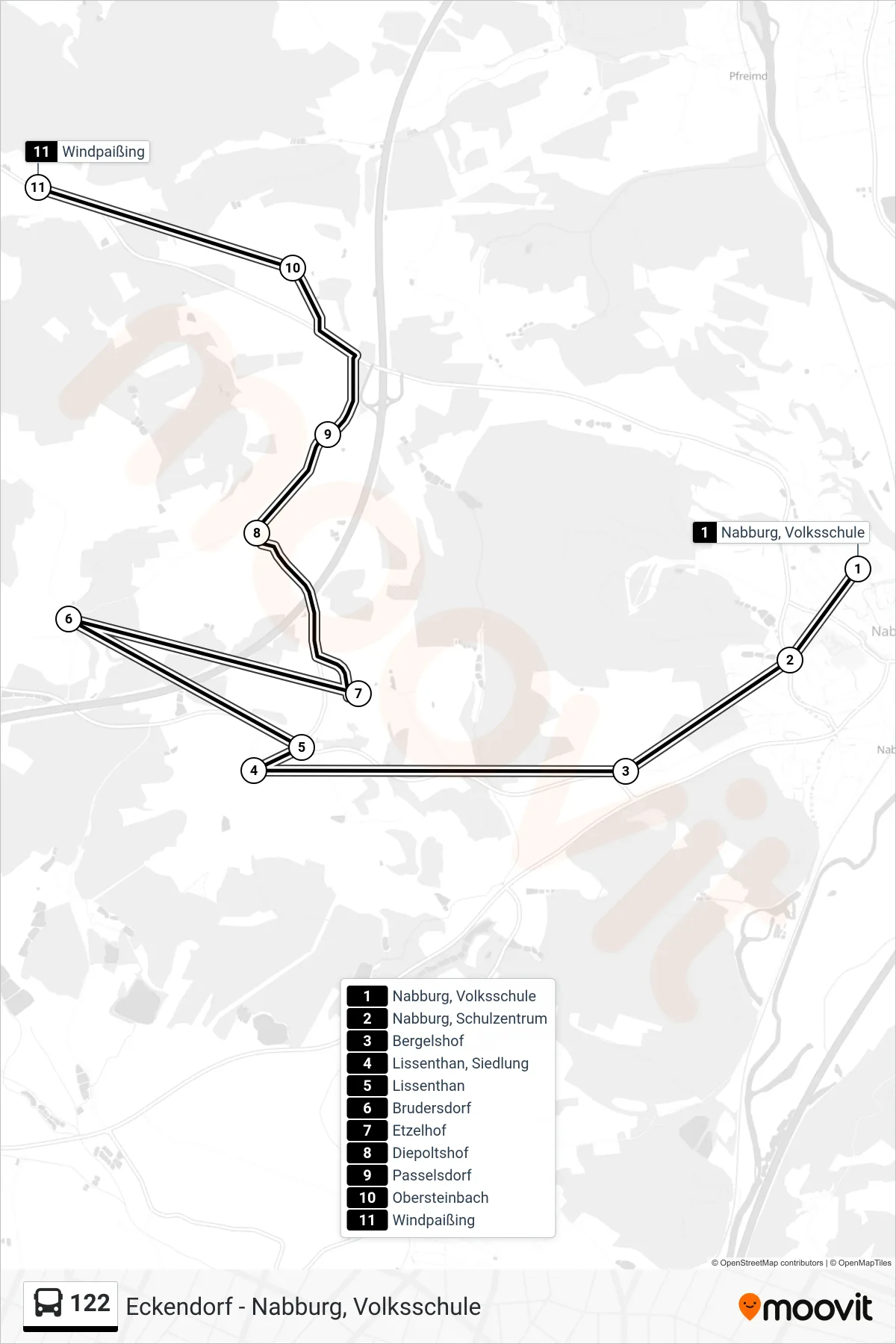 122 bus Line (Windpaißing) route and stops on a map