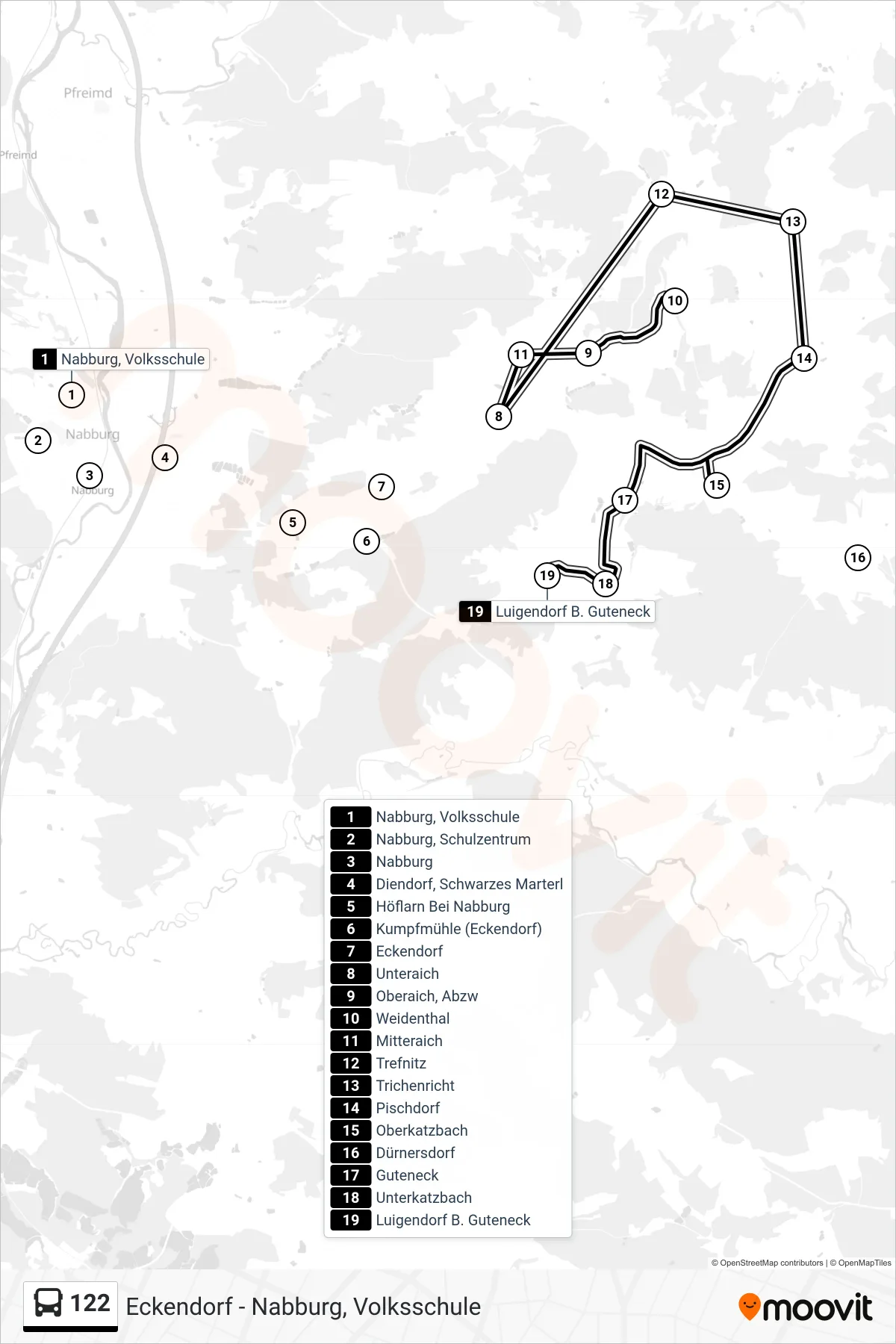 122 bus Line (Luigendorf B. Guteneck) route and stops on a map