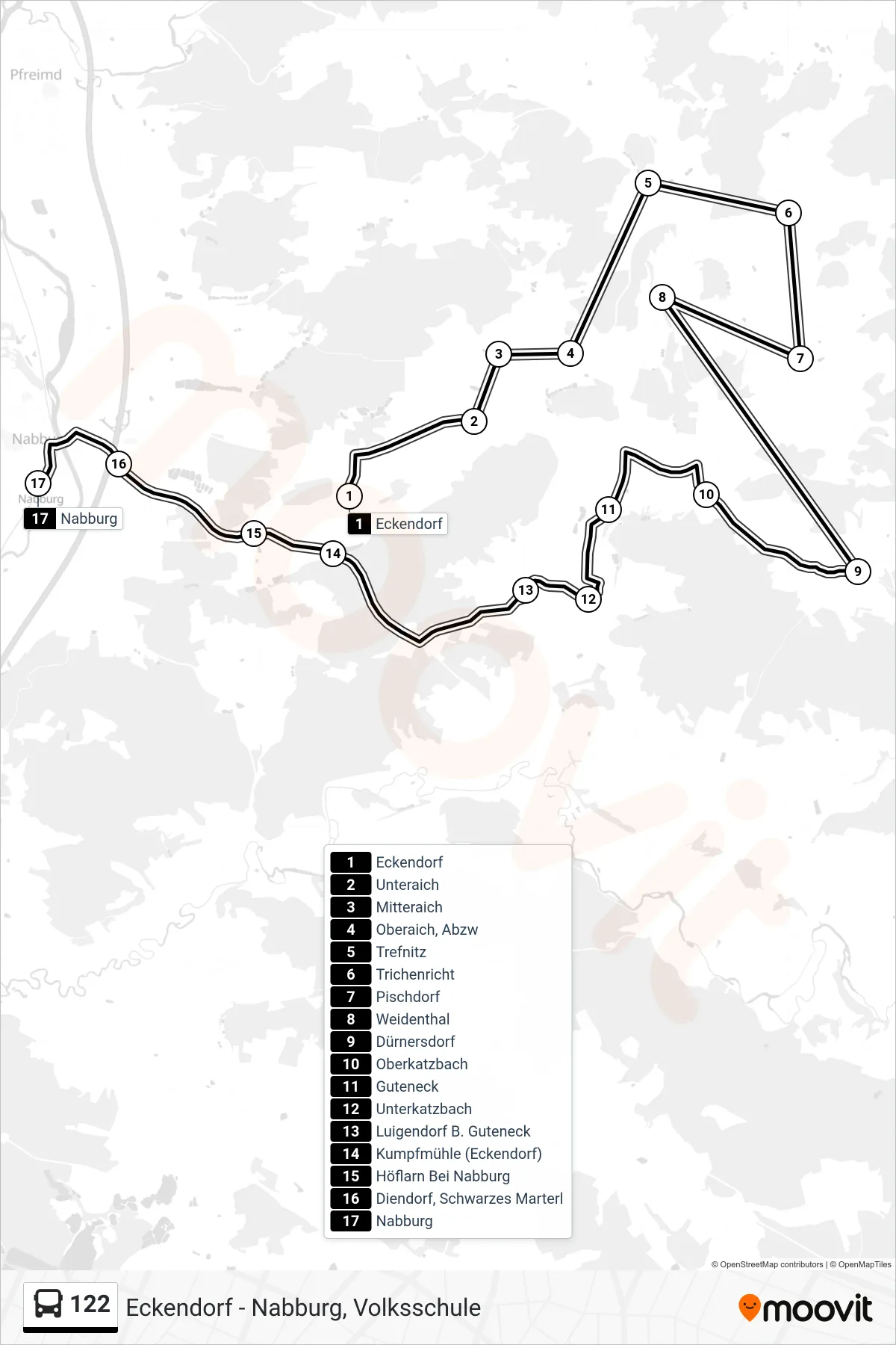 122 bus Line (Nabburg) route and stops on a map