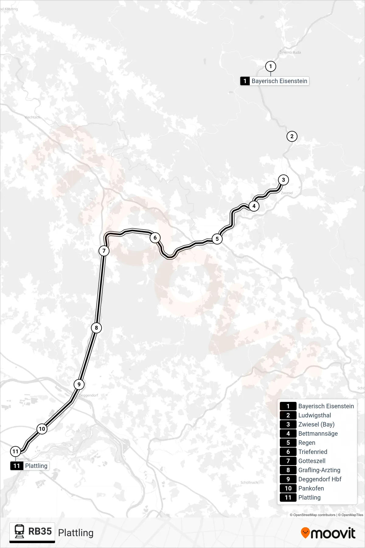 RB35 tram Line (Plattling) route and stops on a map