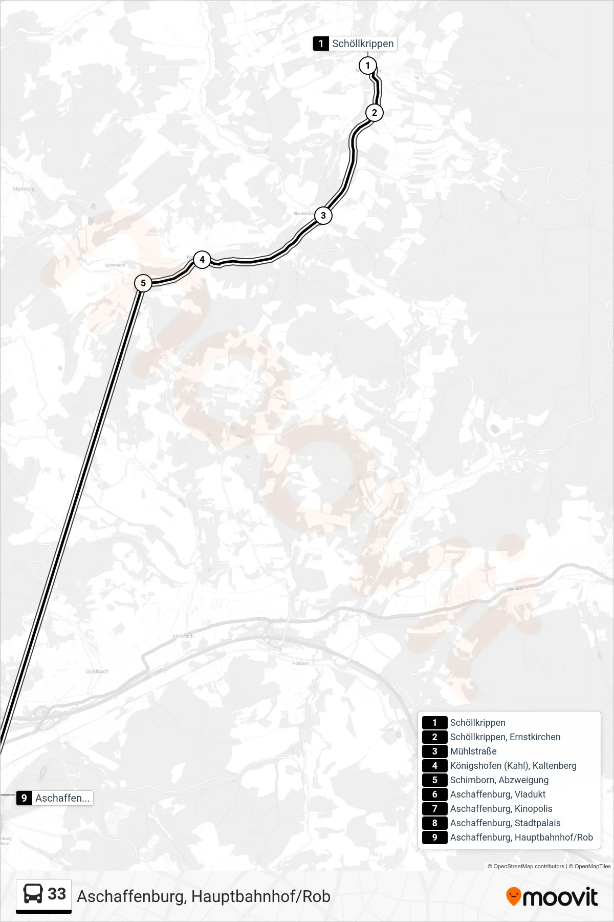 33 bus Line (Aschaffenburg, Hauptbahnhof/Rob) route and stops on a map
