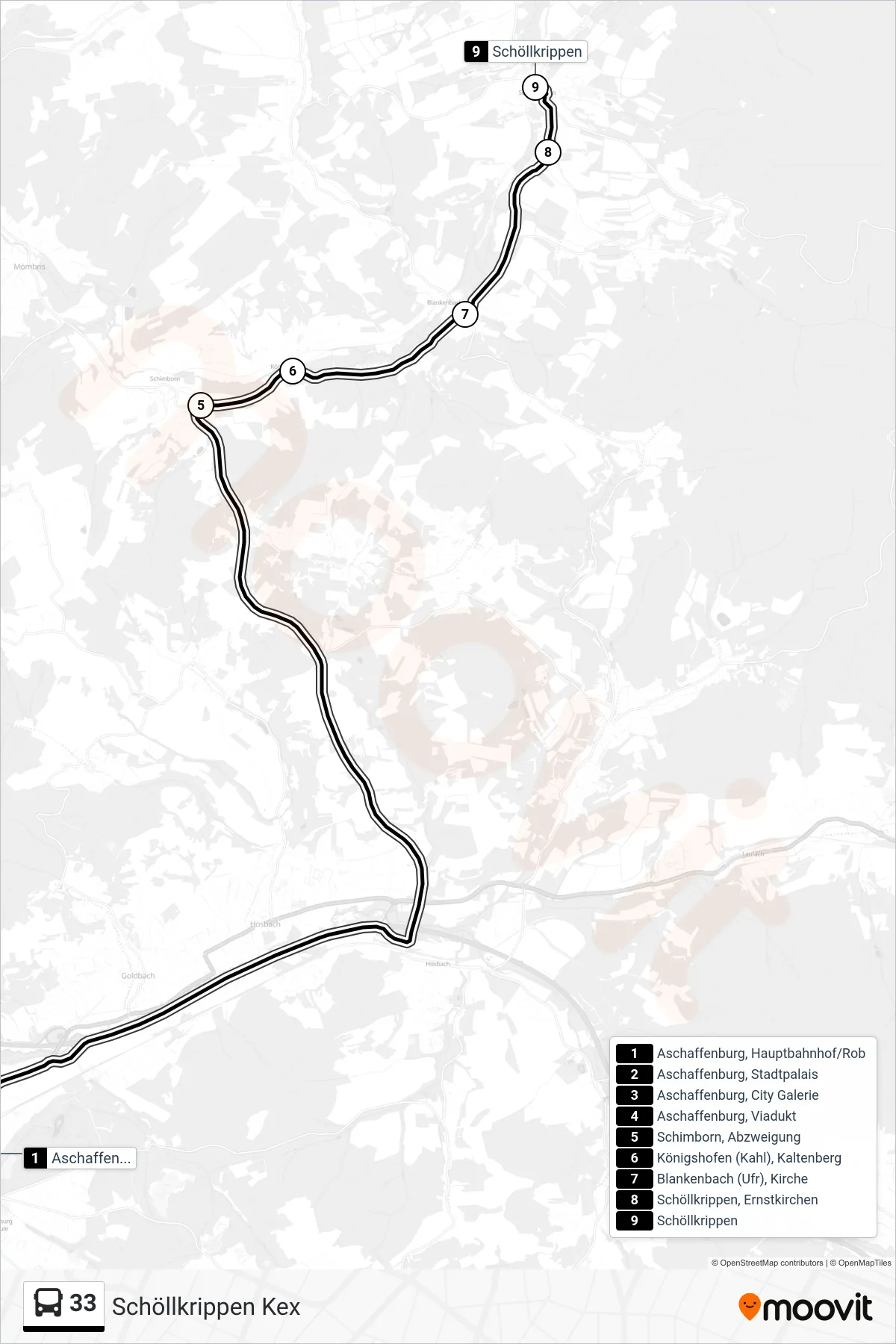 Linie 33 (Bus) Richtung Schöllkrippen Kex: Route und Haltestellen auf der Karte