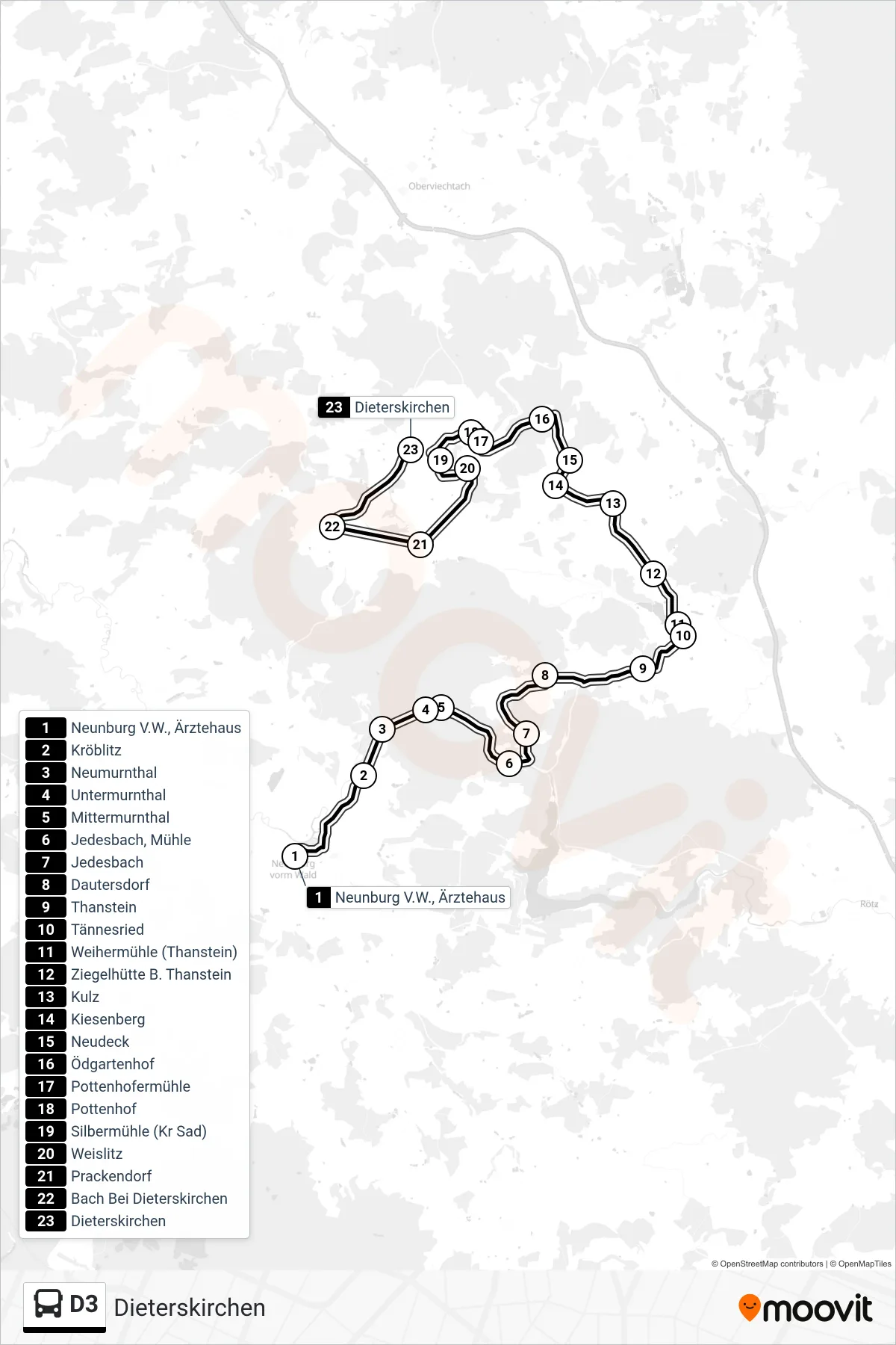 D3 bus Line (Dieterskirchen) route and stops on a map
