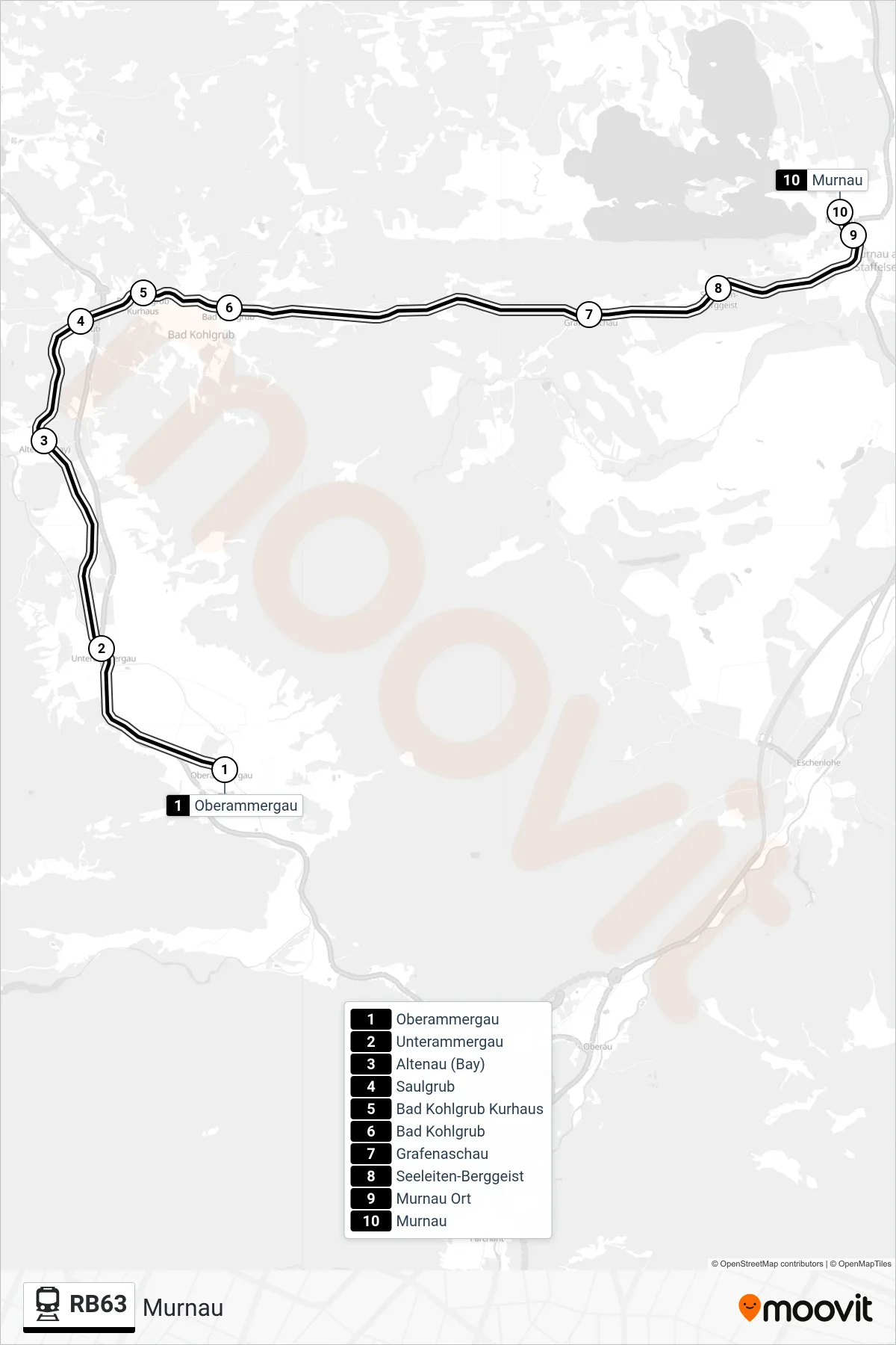 Linie RB63 (Bahn) Richtung Murnau: Route und Haltestellen auf der Karte