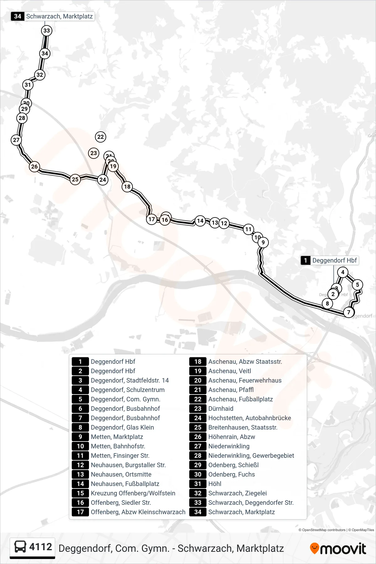 4112 bus Line (Schwarzach; Marktplatz) route and stops on a map