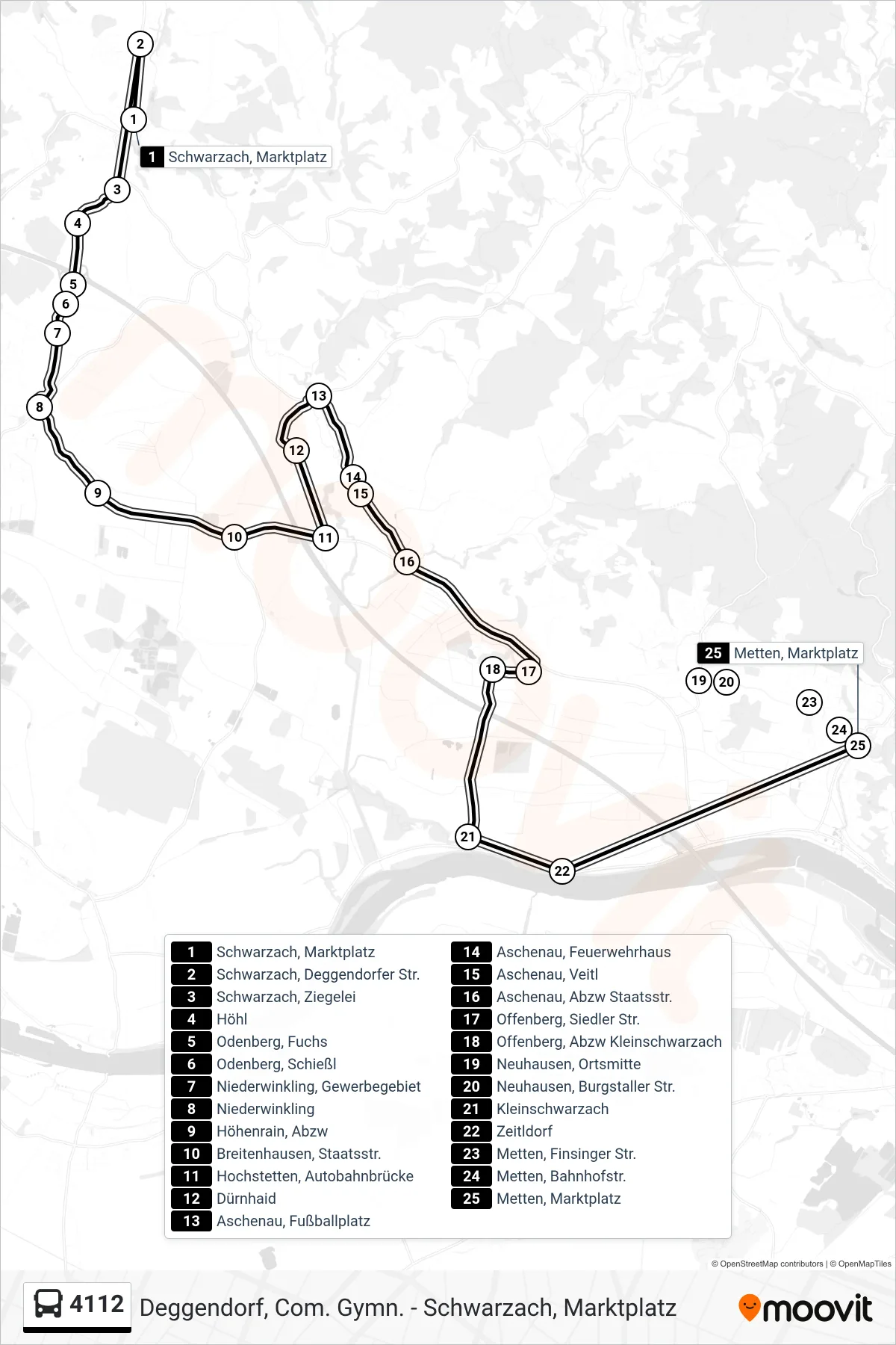 4112 bus Line (Metten; Marktplatz) route and stops on a map