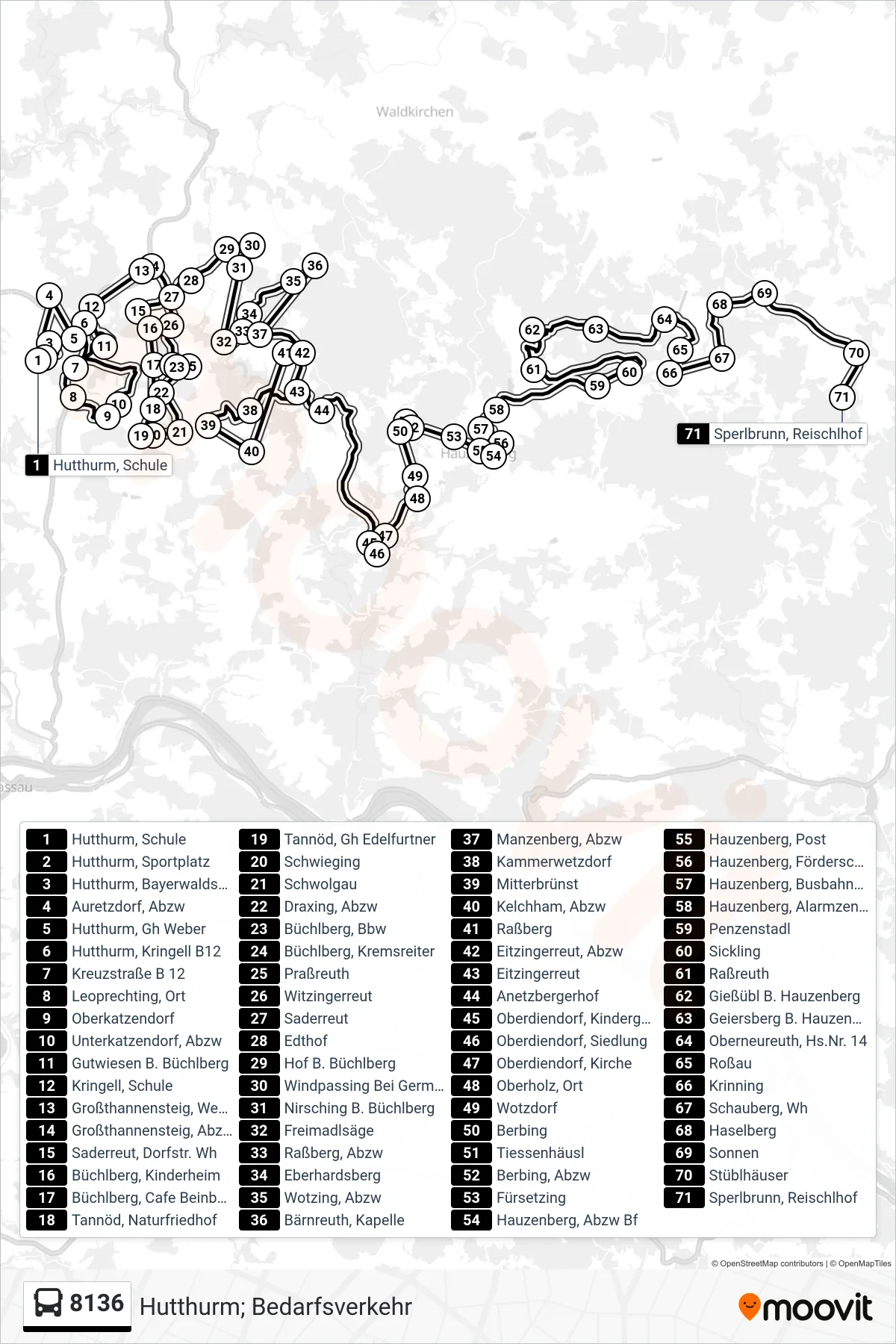 8136 bus Line (Hutthurm; Bedarfsverkehr) route and stops on a map