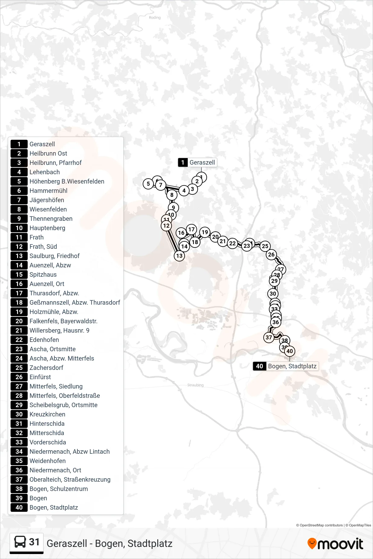 31 bus Line (Bogen) route and stops on a map