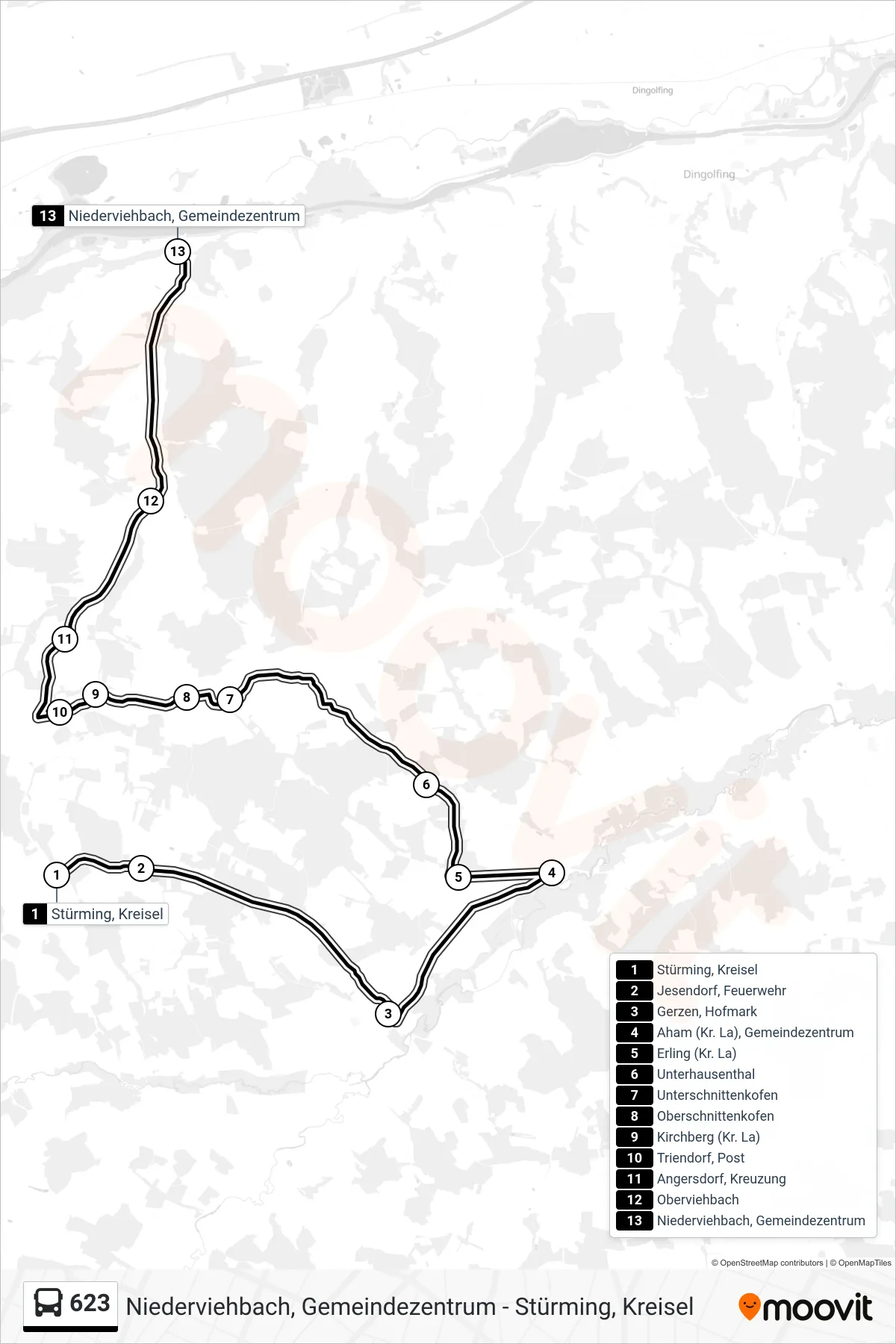 Linie 623 (Bus) Richtung Niederviehbach, Gemeindezentrum: Route und Haltestellen auf der Karte