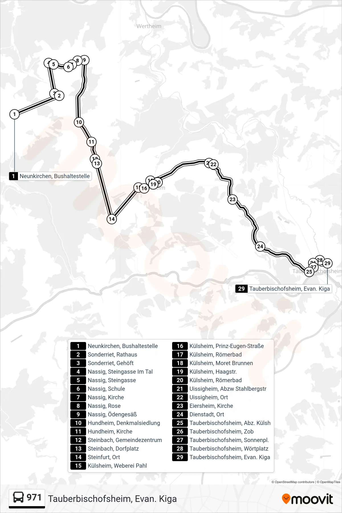 Linie 971 (Bus) Richtung Tauberbischofsheim, Evan. Kiga: Route und Haltestellen auf der Karte