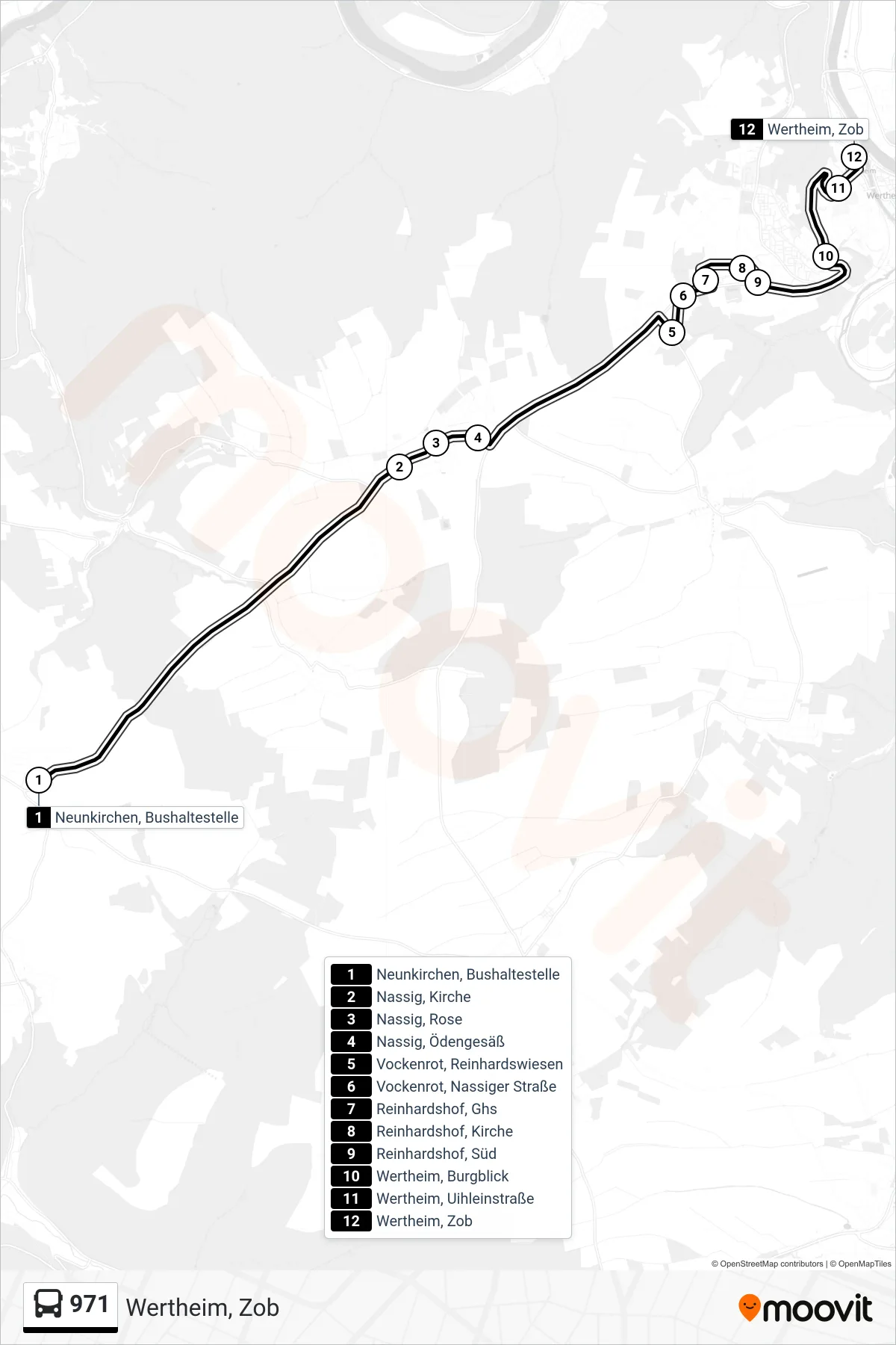 971 bus Line (Wertheim, Zob) route and stops on a map