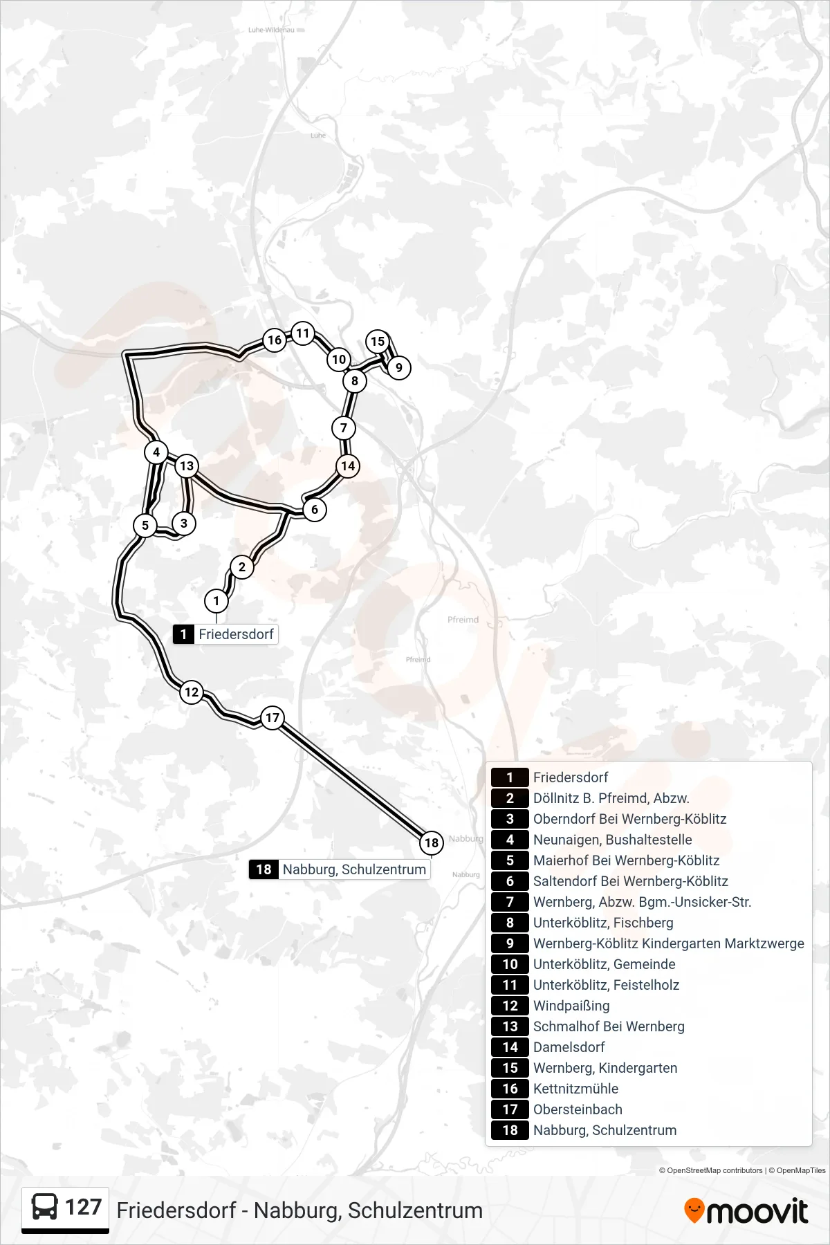 127 bus Line (Nabburg, Schulzentrum) route and stops on a map