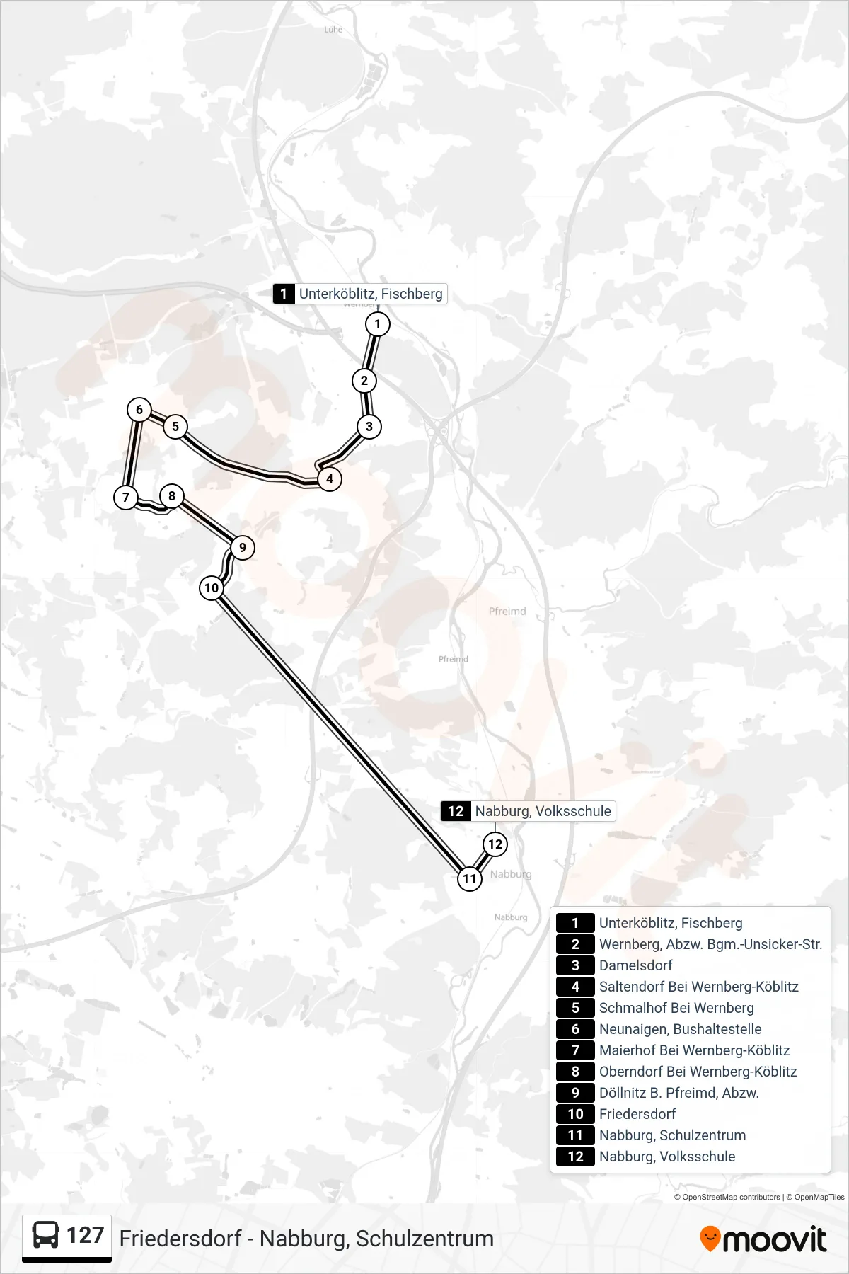 127 bus Line (Nabburg, Volksschule) route and stops on a map