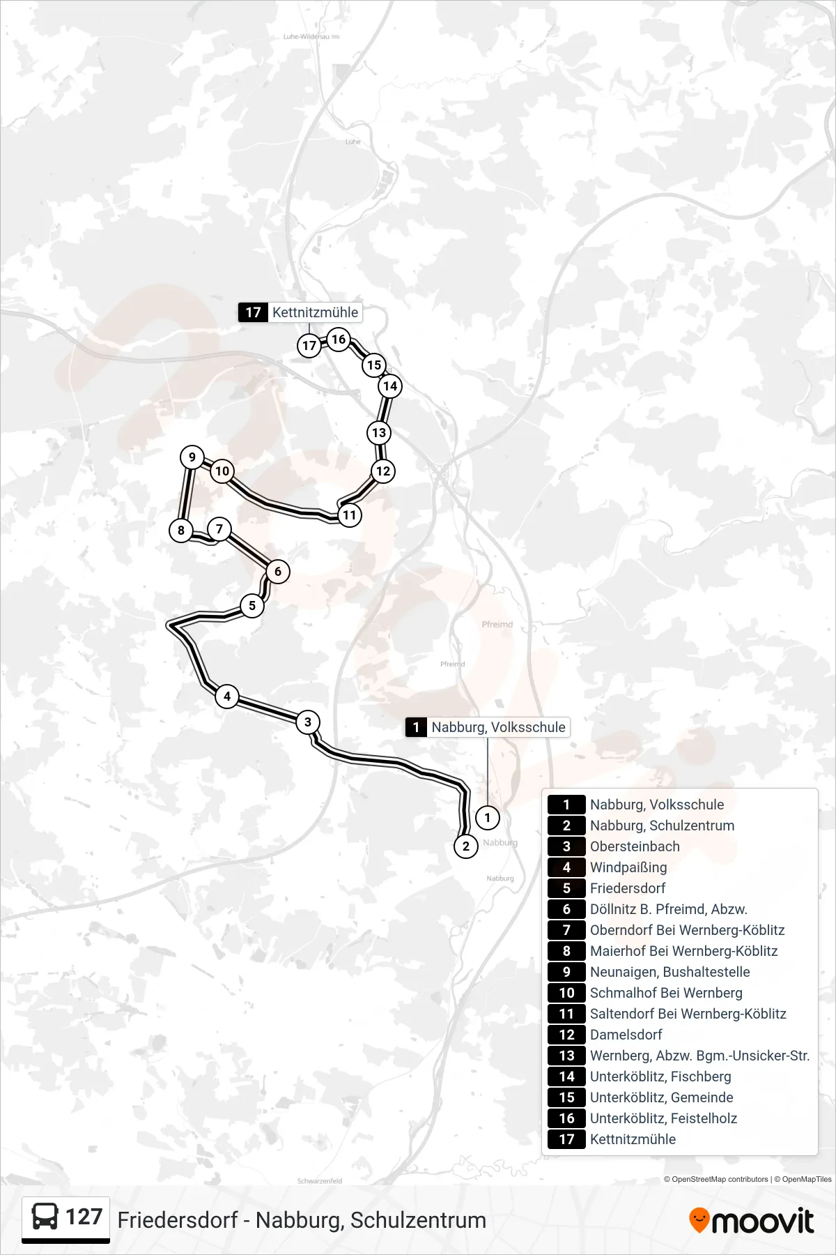 127 bus Line (Kettnitzmühle) route and stops on a map