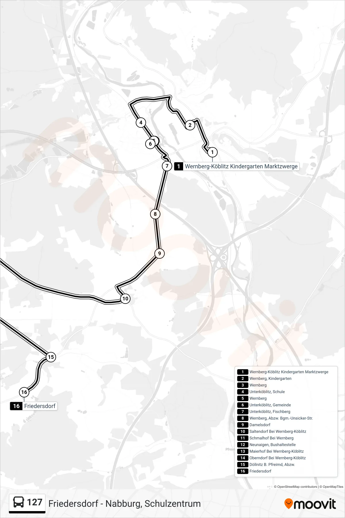 127 bus Line (Friedersdorf) route and stops on a map